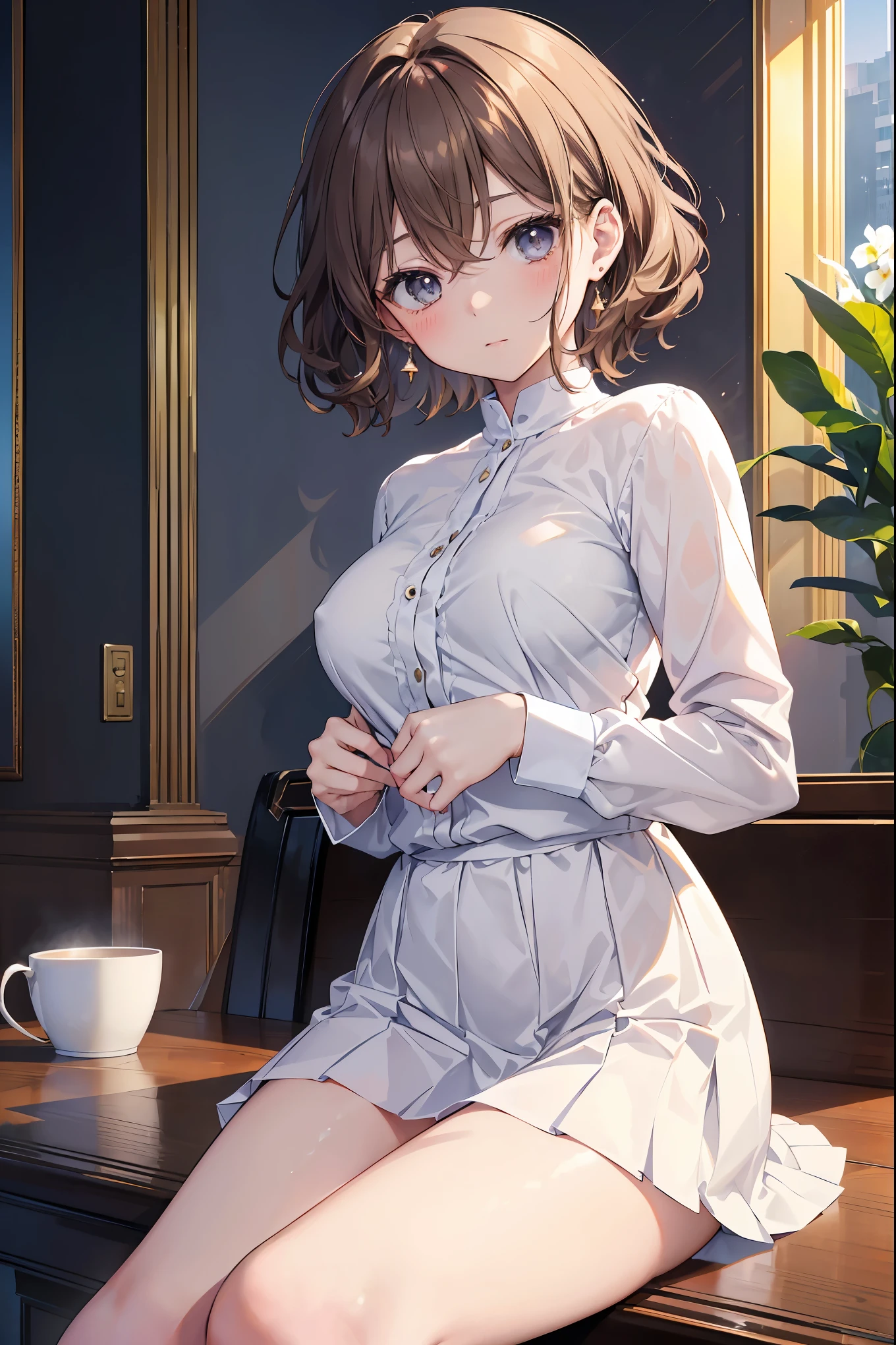 (Tabletop、expensiveest quality, expensive resolution, masterpiece, 4K), (Luxury hotel lobby、Very bright room、Strong light from the front、Hair luster、Beautiful Eyes、Full body photo)、18 year old young woman、The whole body is visible、Staring lovingly ((Soft wavy short hair、Ash brown shiny hair)), ((Pensive Eyes、Grey Eyes, Long eyelashes)), ((Light on the face、Detailed face, blush:1.1)), ((Smooth texture:0.75, Realistic texture:0.65, Realistic:1.2、Anime CG style)), Mid-chest、valley、Dynamic Angle、Moderately fleshy body、I see beautiful legs、(expensive 、Buttoned shirt、Cute Mini Skirt、Cute Earrings)、i want to kiss you、Accept yourself、Angle from below、I want to touch your breasts