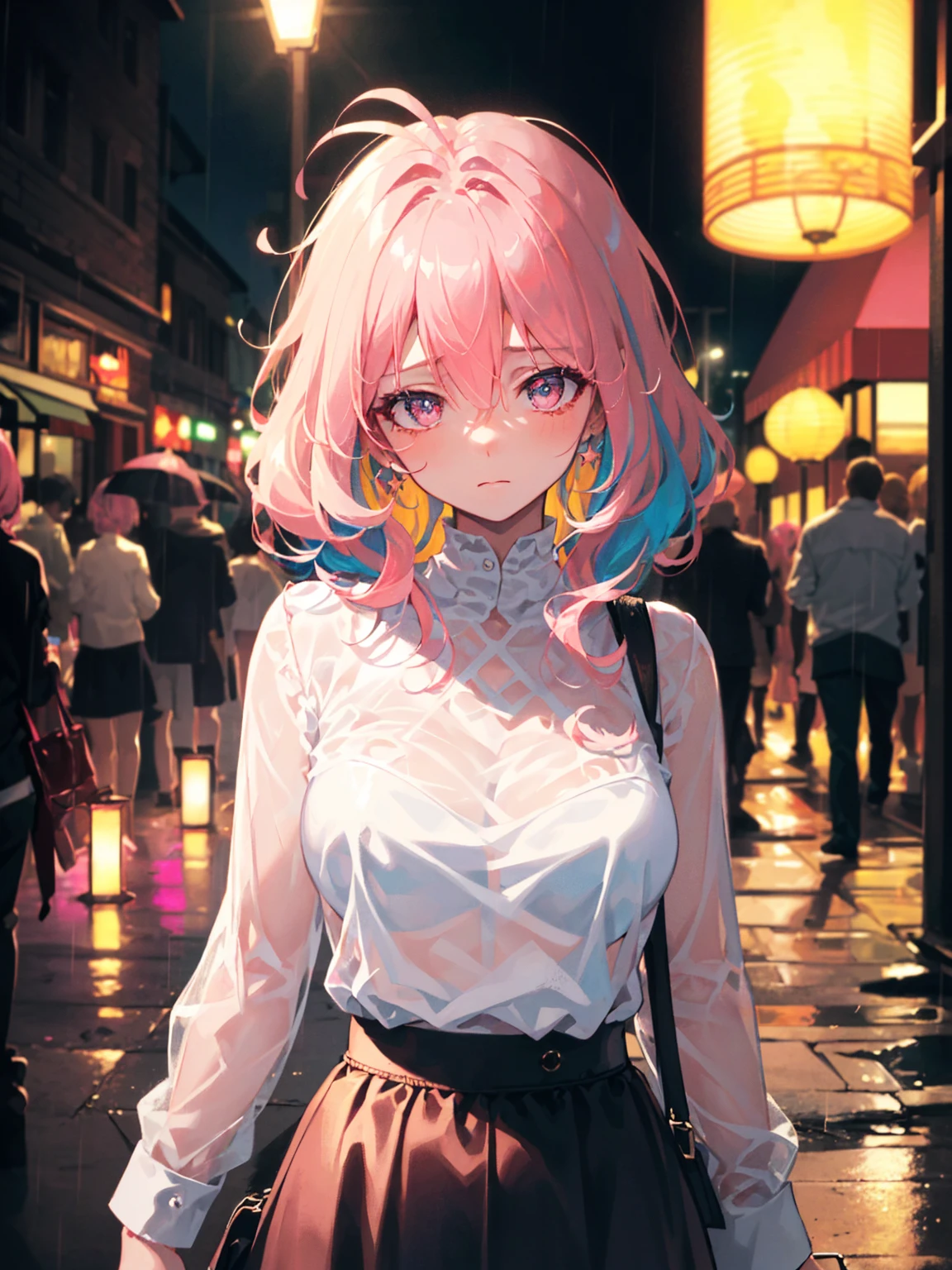 ((masterpiece,best quality, high resolution)), 1girl, solo, pink eyes, pink long hair tied with blue ribbon, blunt bangs, perfect breasts, round breasts, fishnets shirt, (fishnets:1.3), (diamond-shape lattice pattern), (diamond-shape laced shirt), (see through:1.4), (see through shirt:1.3), (on street), dramatic light, heavy rain, lanterns, bokeh effect, detailed iris, sparkle eyes, star in eyes, sadness, sad eyes, soulful pink eyes, (multicolored eyes), (shining dust), (pink hair:1.3), (messy hair:1.3), (hair between eyes), (hair over one eye:1.2), (wavy hair:1.1)