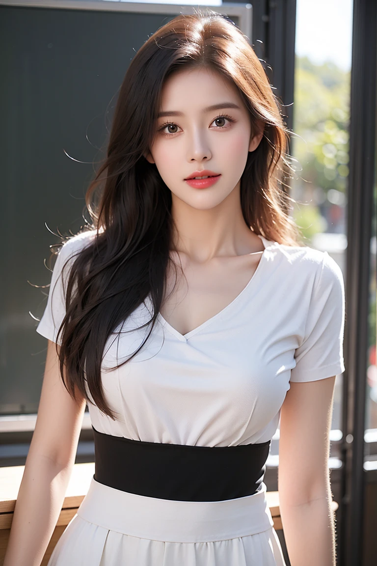 (8k, Best Quality, masterpiece, very high:1.2) Photo of a beautiful Japanese girl., Beautiful and charming with contemporary fashion drawings too.., Looking at the audience, ((in the back of the classroom)), (1 teenager),(short black skirt), (White shirt with short sleeves., slightly revealing on the chest.), ((short black pencil skirt)), sugar belt, ((Put your hands down.)),by rubio, medium hair, High angle view of a beautiful woman, realistic skin texture, look for, Round Chin, Art lens 85 mm, f 1. 2, sharp focus, Alta resolución 8k, crazy details, complicated, elegant, big breasts, dynamic gesture, big breasts,