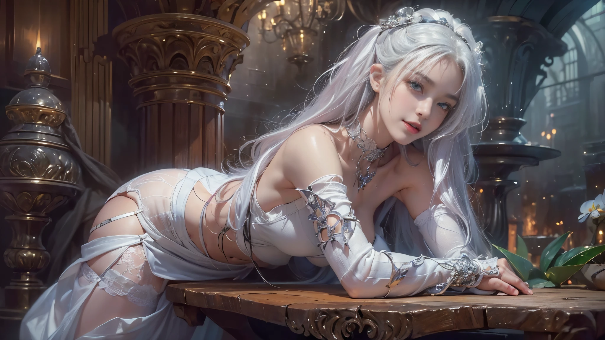 ((masterpiece:1.4)、(Top quality:1.4)、(Realist:1.7))、author：Luis Royo（author：Luis Royo）Surreal portrait of a beautiful girl、Super beautiful girl、((1 Girl:1.4))、Shiny, natural skin texture、author：author：Luis Royo（author：Luis Royo）、Age 19、(Two arms:1.4、Two Legs:1.4)、(Perfect Anatomy:1.4)、(Perfect female body:1.4)、Portrait photo of a girl、Close-up photos、Full body shot、((On the table:1.4), (Highest quality:1.4), (Practical:1.7), author：Luis Royo, beautiful girl, Super beautiful girl, ((1 Girl:1. 4), Shiny, natural skin texture, author: author：Luis Royo, 19 years old, (Perfect female body: 1.4), (Perfect female body: 1.) 4), Portrait photo of a girl, Close-up photos, （Full body image）, Fantasy Art, Soft headlight, Beautiful expression, Kawaii face, Beautiful breasts, Big breasts: 1. 2, Beautiful buttocks, Beautiful eyes, Clear and eye-catching, Beautiful and glamorous, beautiful eyes, Thin waist, RAW photos, Red lips, ((White hair, Long hair)) , 1 screen view, ),((Off-the-shoulder hand-knit sweater))、((Black tight skirt)）、 (Sexy pose), (galaxy in the sky),((Thong))、((Black garter belts and garter belts))、(a smile)、((orchid)）、(()）