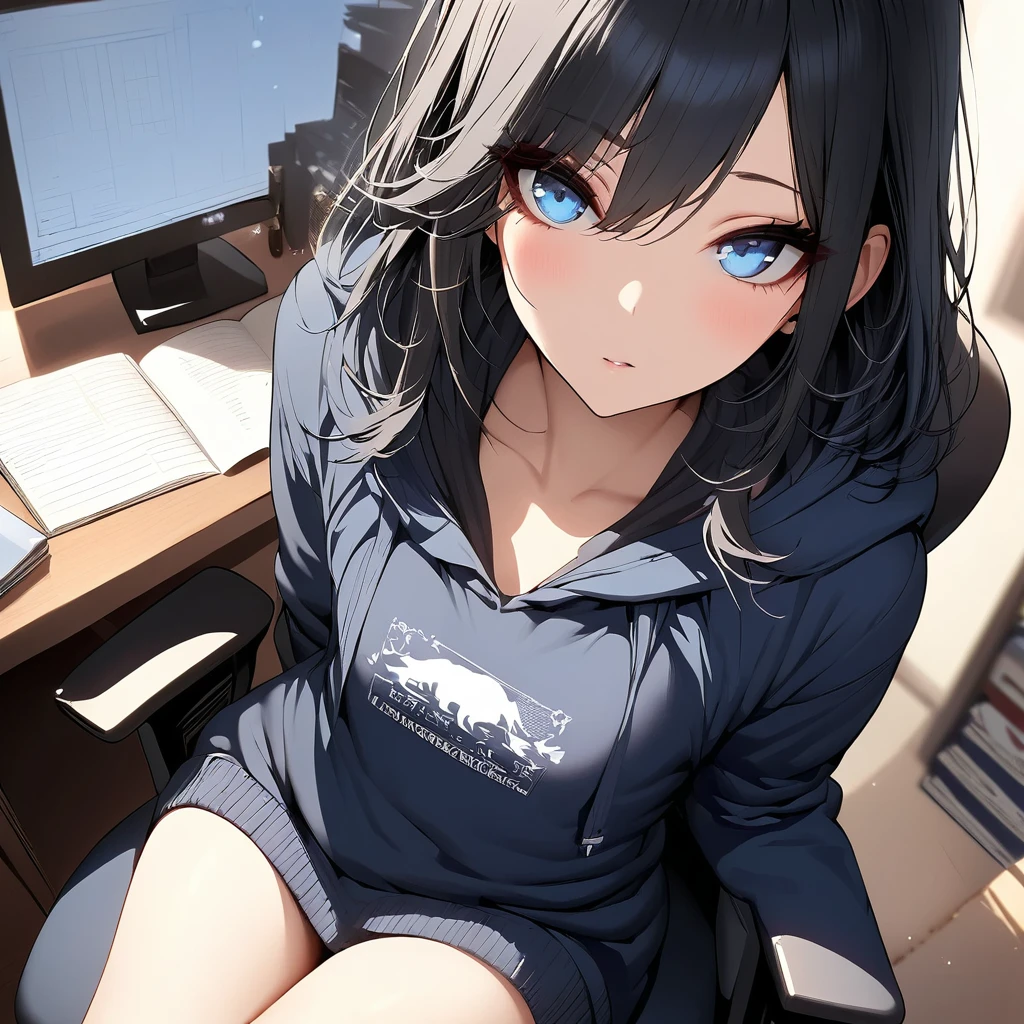 Masterpiece, Very detailed, Ultra-detailed, one beautiful woman- pleasant skin, Masterpiece, Very detailed, Ultra-detailed, one girl, Long black hair, navy blue eyes, hoodie, sitting in an office chair, flat chest