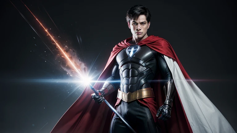 Superhero and his weapon is an x-ray machine he has a cape and his clothes are white, black and red 