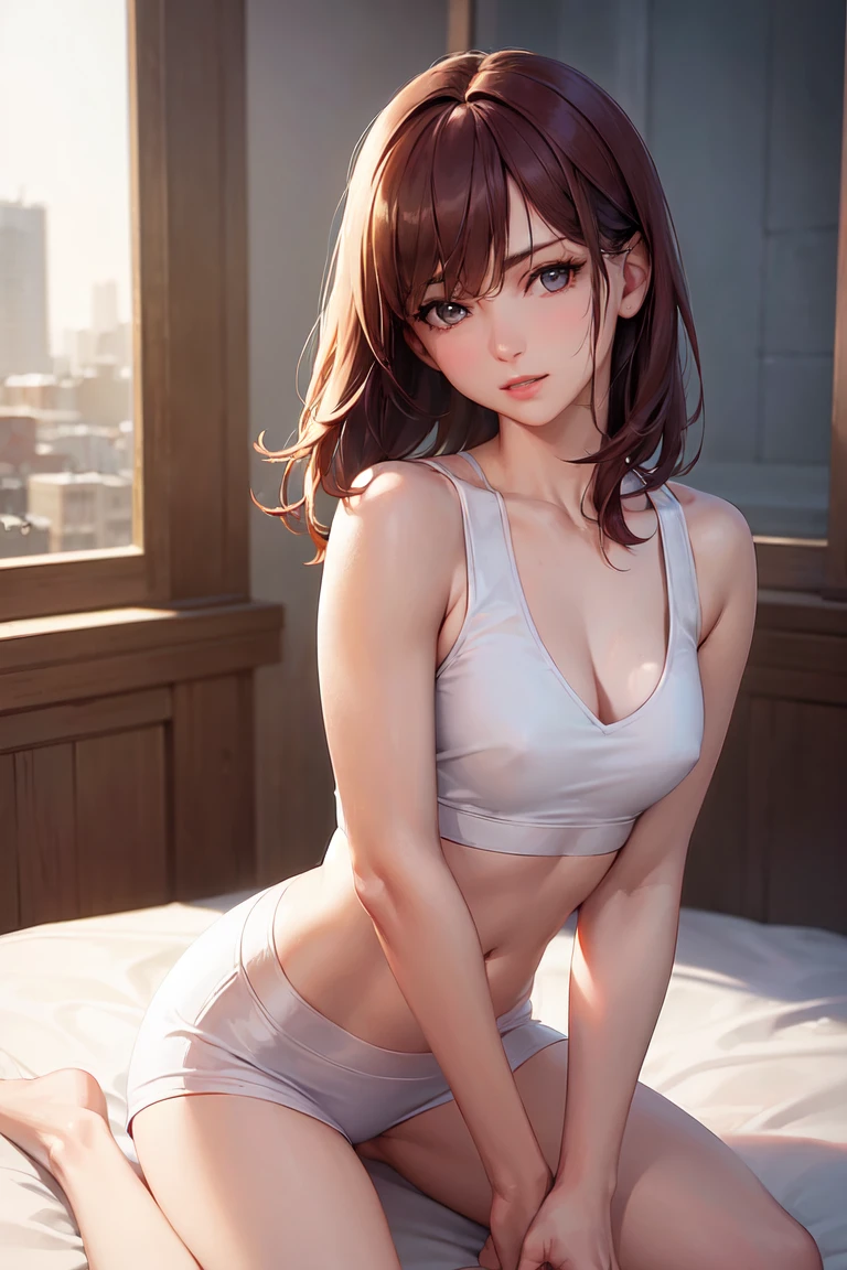 ((Realistic lighting, Better Quality, 8k, first work: 1.3)), Clear focus: 1.2, One girl, Perfect beauty: 1.4, Thin abdominal muscles: 1.1, ((dark red hair)), (White Cut Top: 1.4), (Outdoor, night: 1.1), View of the park, Super thin face, Light eyes, double eyelid, Firm medium-breasted, Sensuality in bed, Kneel