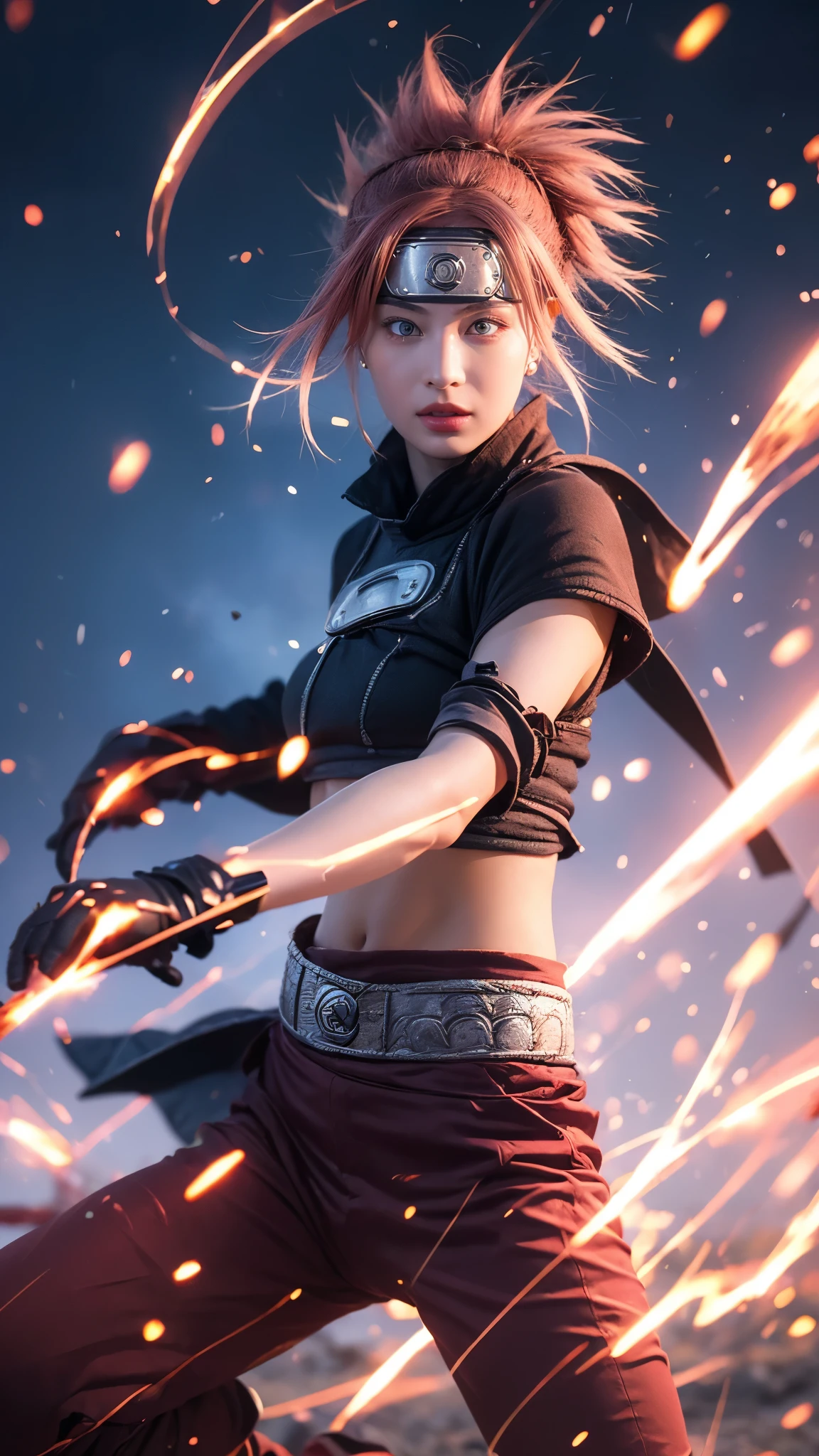 Moisturized skin, (red eyes), realistic body, (adult female body), energetic, (16 years old), (girl),
BREAK,
bright red lipstick, (beautiful navel), (pink hair), beautiful hair, (Hatake Kakashi's clothes: 1.3),
BREAK,
((masterpiece + highest quality + high resolution + highly detailed)), (full body: 1.2), symmetrical, one shot,
BREAK,
(electric shock), (wind blows), (blue electricity), (battle stance: 1.4),
BREAK,
(large Japanese sword), ninja, inside a mansion, assassination, cut, kunai, fantastical, dynamic,