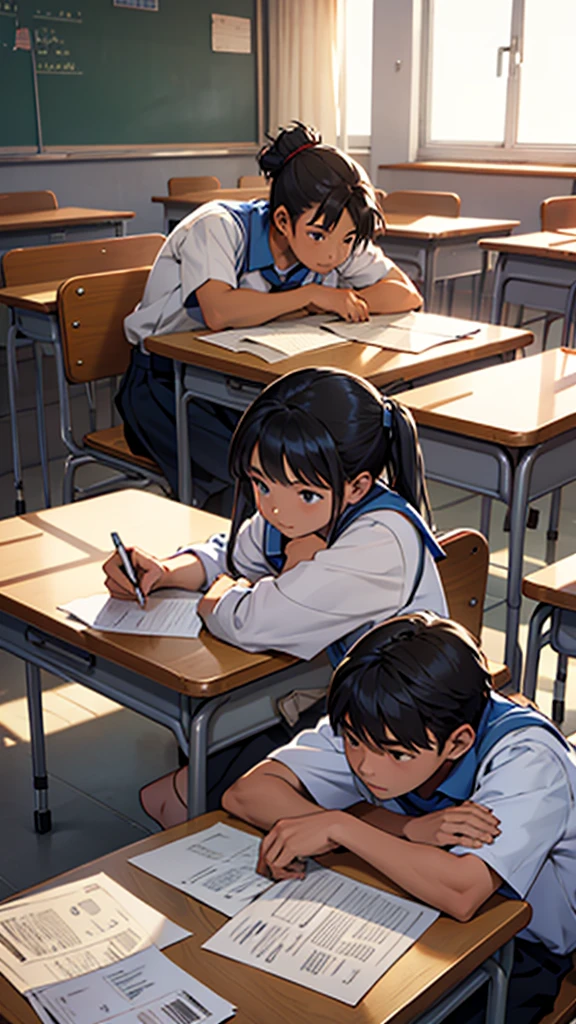 A Couple is studying in a school class room. It is morning and it is sunny.