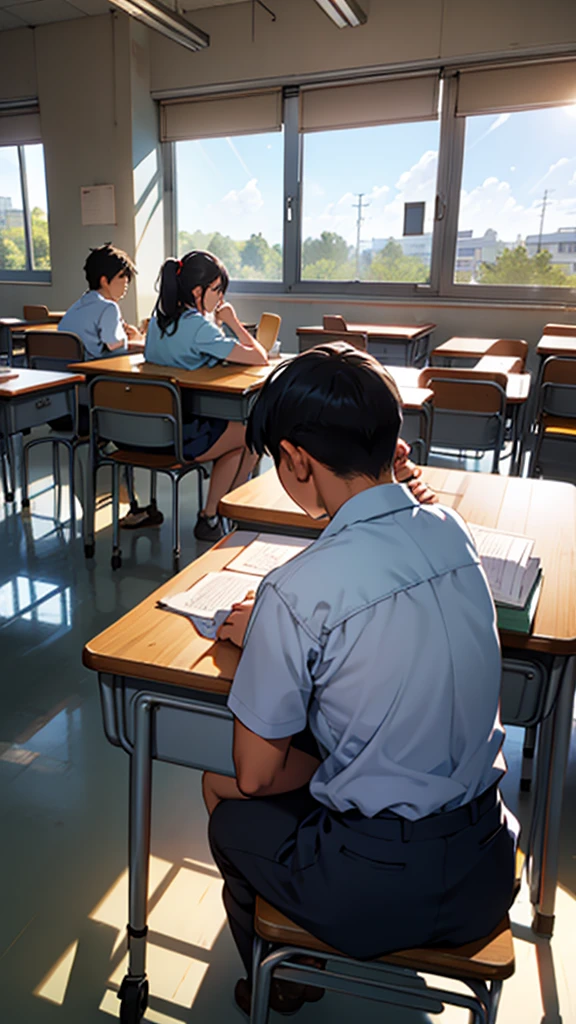 A Couple is studying in a school class room. It is morning and it is sunny.