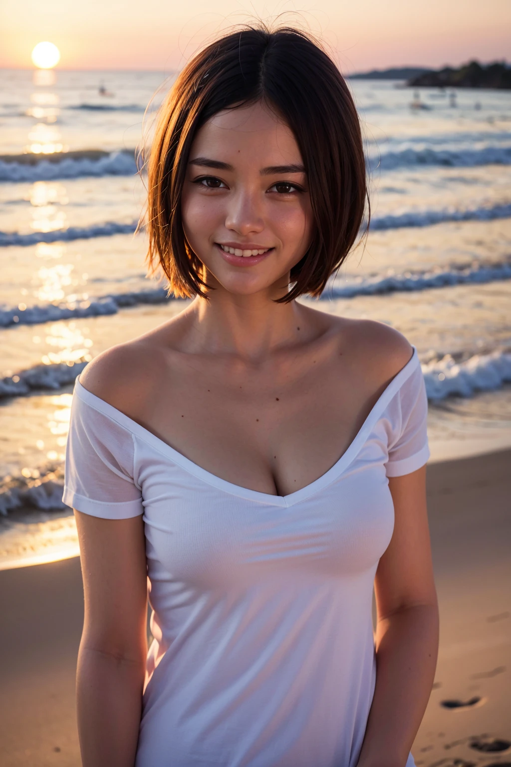 Top quality, 1 beautiful woman, super short hair, Gold hair, shy smile, sunset, at beach