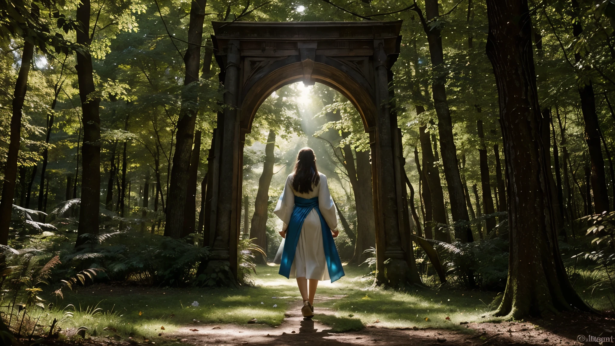 Create an ultra-realistic image of a person walking through a magical forest towards a portal. The scenery is breathtaking, with majestic trees and vibrant vegetation that emanates a soft, ethereal light. The forest is full of enchanting details, like luminous flowers, Bright butterflies and magical little animals peeking between the leaves.
The person is in the center of the image, walking slowly, with an expression of curiosity and serenity on his face. She is dressed in clothes that mix modern and fantasy elements., like a cloak that seems to flow in the breeze.
In front of her, the portal stands as a fascinating structure, composed of light and energy, that pulses with vivid colors. This portal symbolizes access to the person's mind, one entry for all your memories. The structure of the portal is intricate, with patterns that resemble neuronal synapses, shining in shades of blue and gold.
The scene must be a perfect fusion between magic and reality, where every detail of the forest and portal is represented with almost photographic precision. The play of light and shadow adds depth, creating a magical atmosphere that draws the viewer into the image, as if you could feel the magic and serenity of the moment