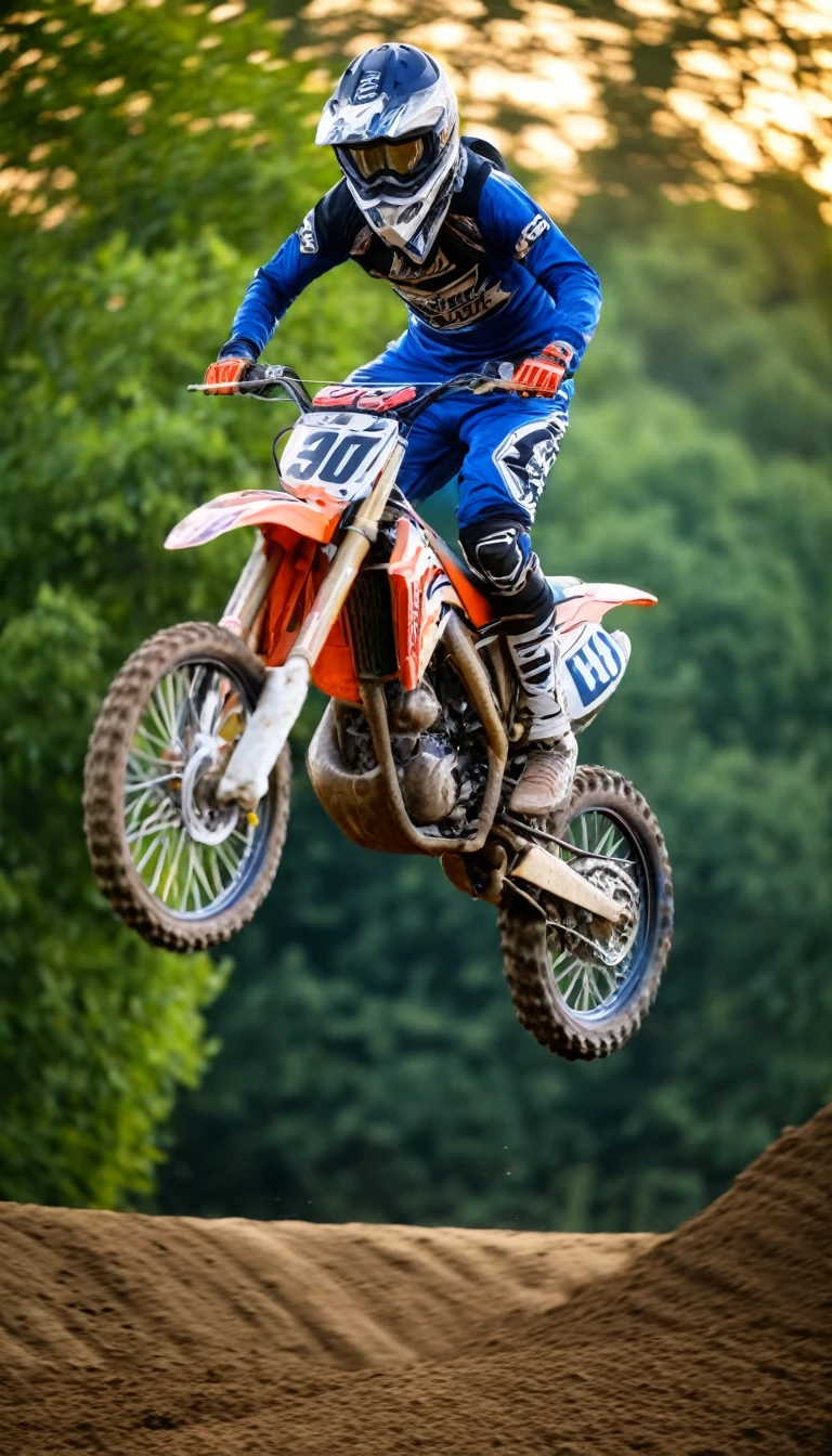 Realistic photography, sport photography, motocross rider during motocross, ride fast, jumping high with backflip, full body shot, fast capture photo, motion blur, shallow depth of field, bokeh, 8k, film grain, made by dslr