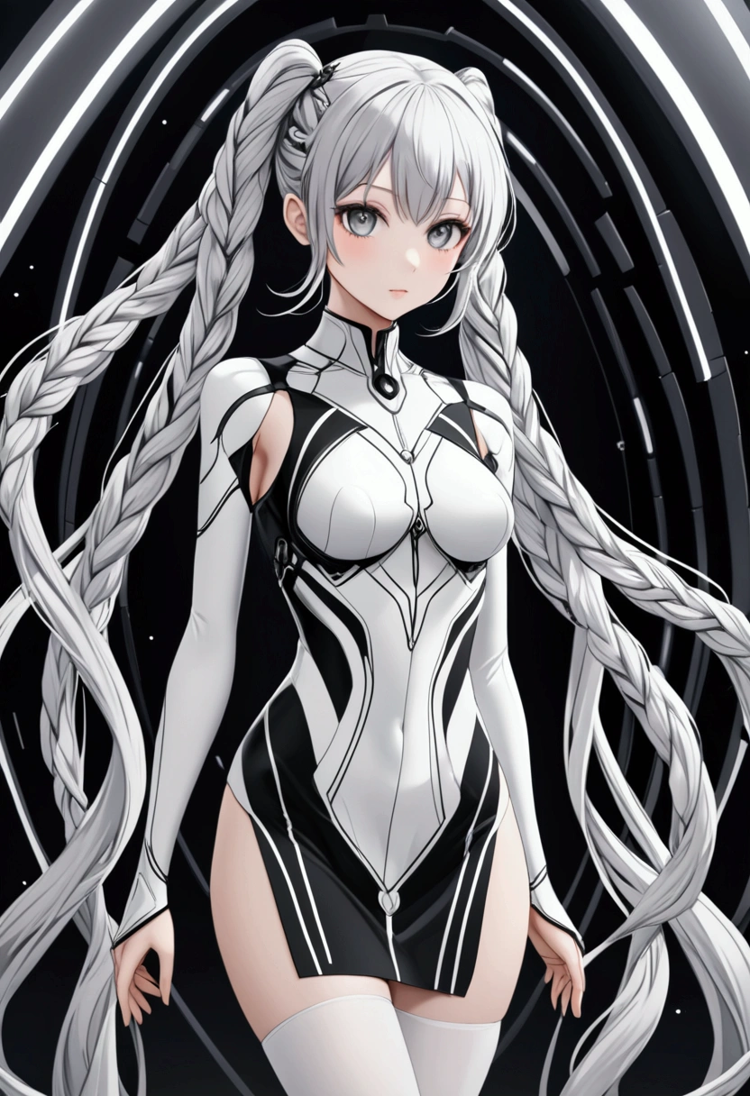 One Mature Woman、Grey Hair、long hair、Grey Eyes、Hair between the eyes、Ahoge、Big Breasts、Huge breasts、Full Body Tights、Plug Suit、White clothes、Clothes that fit the body、Upper Body、Front view、A gentle smile、blush、Embarrassed、Watching the audience、Place your hand on your chest、