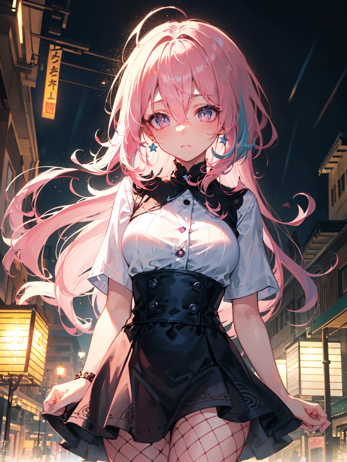 ((masterpiece,best quality, high resolution)), 1girl, solo, pink eyes, pink long hair tied with blue ribbon, blunt bangs, perfect breasts, round breasts, fishnets shirt, (fishnets:1.3), (diamond-shape lattice pattern), (diamond-shape laced shirt), (on street), dramatic light, heavy rain, lanterns, bokeh effect, detailed iris, sparkle eyes, star in eyes, sadness, sad eyes, soulful pink eyes, (multicolored eyes), (shining dust), (pink hair:1.3), (messy hair:1.3), (hair between eyes), (hair over one eye:1.2), (wavy hair:1.1)