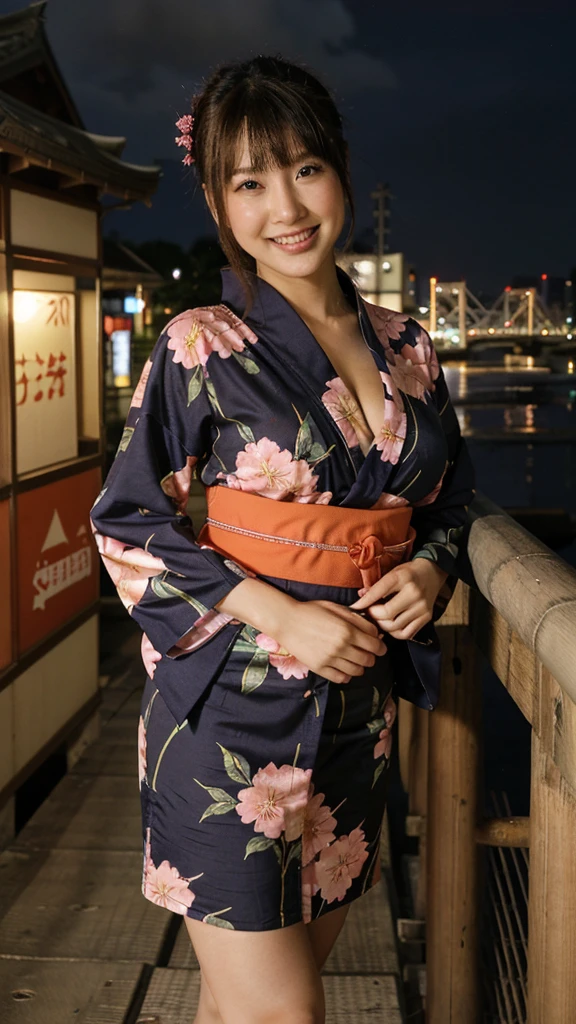 osaka city reference, city street with a river and a bridge at night and cruiser ship at middle of river, japanese city at night, japanese neon signs, japan at night, japanese city, glowing light, Bird eye view: A woman looking at the river、big breasts 、cleavage 、yukata、young woman、Japanese、cute、Laughing with mouth open、Bright expression、Cute yukata outfit、ボートに乗っている、