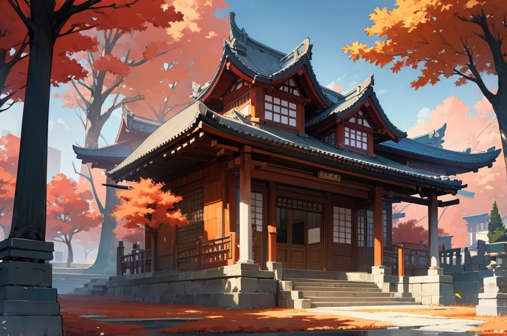 anime illustration depicts a serene scene with traditional Japanese architectural elements. At the center stands an ornate gate, perched atop a stone staircase. The gate features curved, sweeping roofs adorned with decorative ridges and symbols. Flanking the stairs are smaller structures, resembling shops or houses, all sharing the same architectural style. The setting exudes tranquility, as if lifted from a video game or animation. The vibrant red trees hint at autumn,