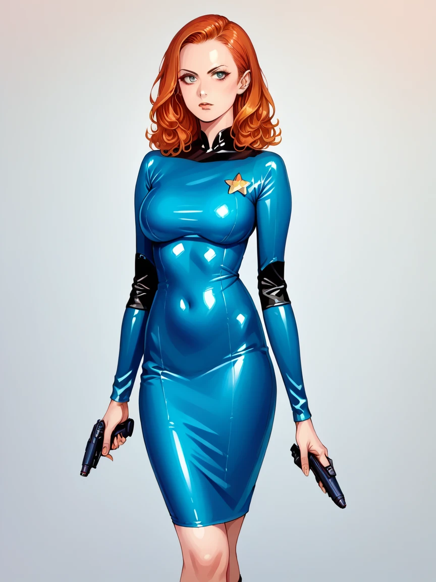 score_9, score_8_up, score_7_up, score_6_up, 1girl, ginger hair, large breasts,  latex, st4rtr3k, dress,blue, star trek, gun,  source_anime