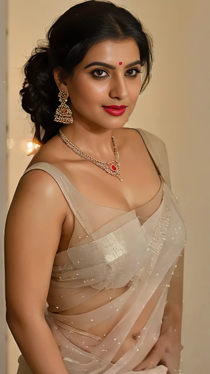close up photo of sexy indian secretary , standing in office , , curvy, erotic standing down, sexy armpits, seductive eyes, sultry, look at viewer and subtle smile,bra less  transparent  and see-through  saree, red lips, ponytail, necklace, 4K, HD