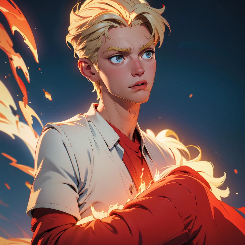 A blonde boy in an epic scene in which he gives off the power of light