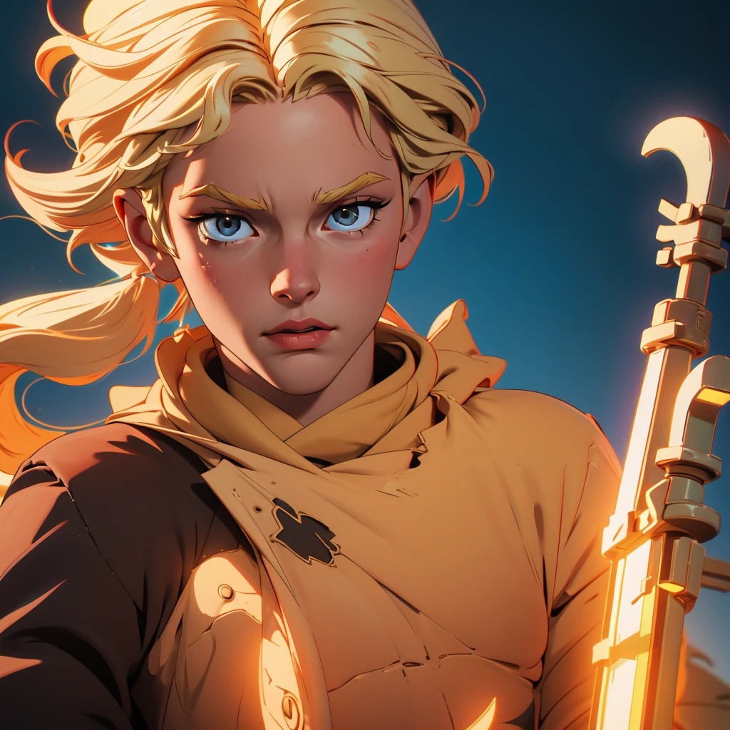 A blonde boy in an epic scene in which he gives off the power of light