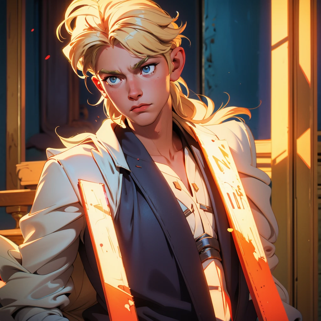 A blonde boy in an epic scene in which he gives off the power of light