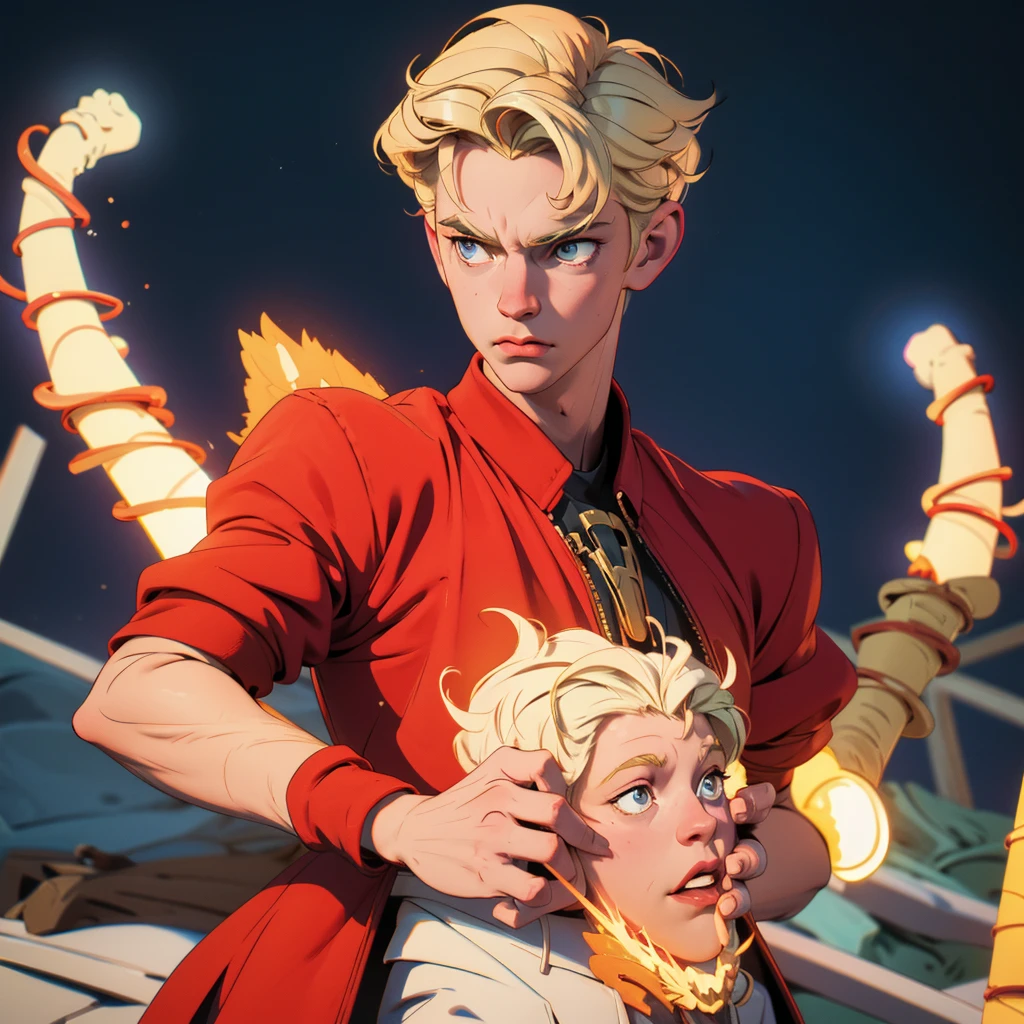 A blonde boy in an epic scene in which he gives off the power of light