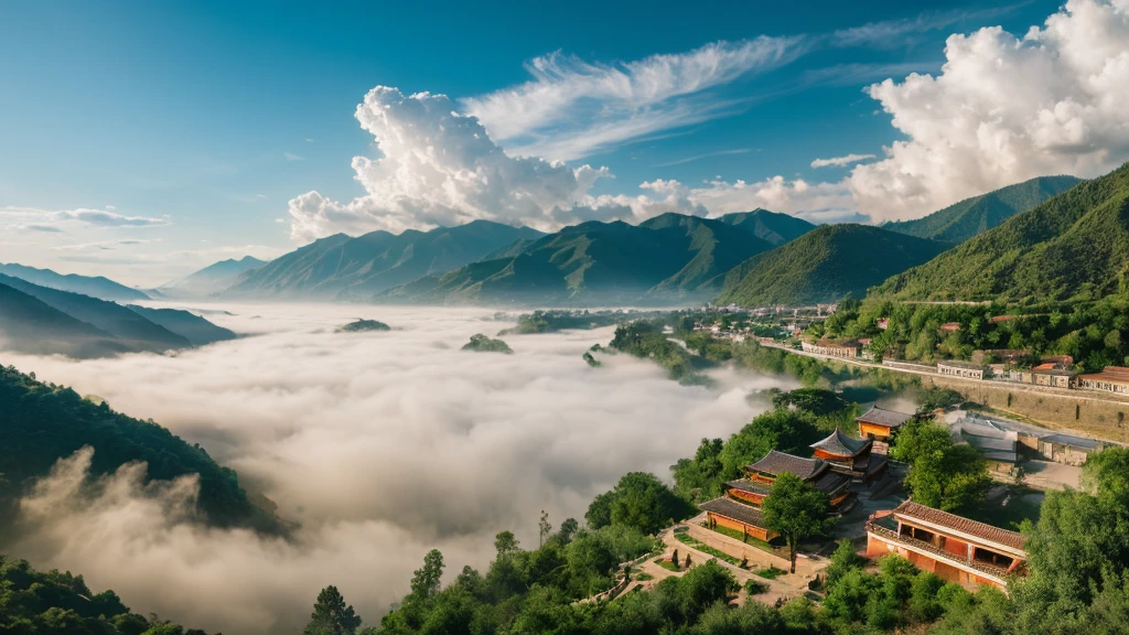 Natural beauty, Ancient village of campuchia.  river, mountain. cloud, Temple. Aerial view,mystical beauty, 8k