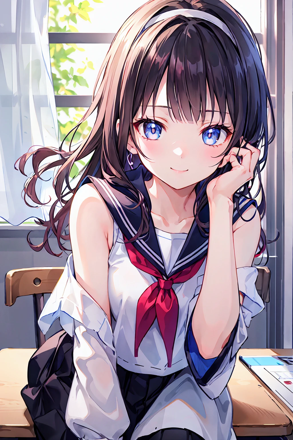(Extremely detailed CG、8k wallpaper)、(Very delicate and beautiful)、(masterpiece)、(Highest quality:1.0)、(超High resolution:1.0)、Beautiful lighting、Perfect Lightning、Realistic Shadows、[High resolution]、Detailed skin、Very detailed、Detailed face and eyes、Realistic eyes、Sharp pupils、Small breasts、Cowboy Shot, In the classroom、Beautiful Face、Blurred Background、Beautiful 16 year old girl、Glowing Skin、Side Up、Beautiful black hair、Blunt bangs、(head band:1.2)、Sailor suit、curve、Sitting at a desk、A kind smile、Expose the lower body