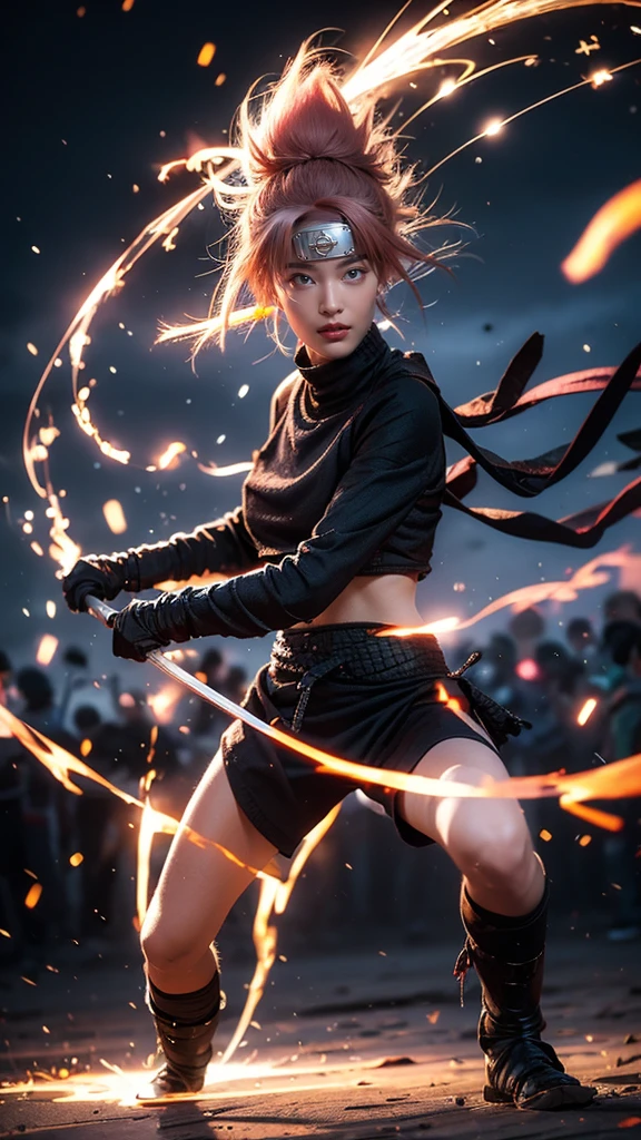 Moisturized skin, (red eyes), realistic body, (adult female body), energetic, (16 years old), (girl),
BREAK,
bright red lipstick, (beautiful navel), (pink hair), beautiful hair, (Hatake Kakashi's clothes: 1.3),
BREAK,
((masterpiece + highest quality + high resolution + highly detailed)), (full body: 1.2), symmetrical, one shot,
BREAK,
(electric shock), (wind blows), (blue electricity), (battle stance: 1.4),
BREAK,
(large Japanese sword), ninja, inside a mansion, assassination, cut, kunai, fantastical, dynamic,