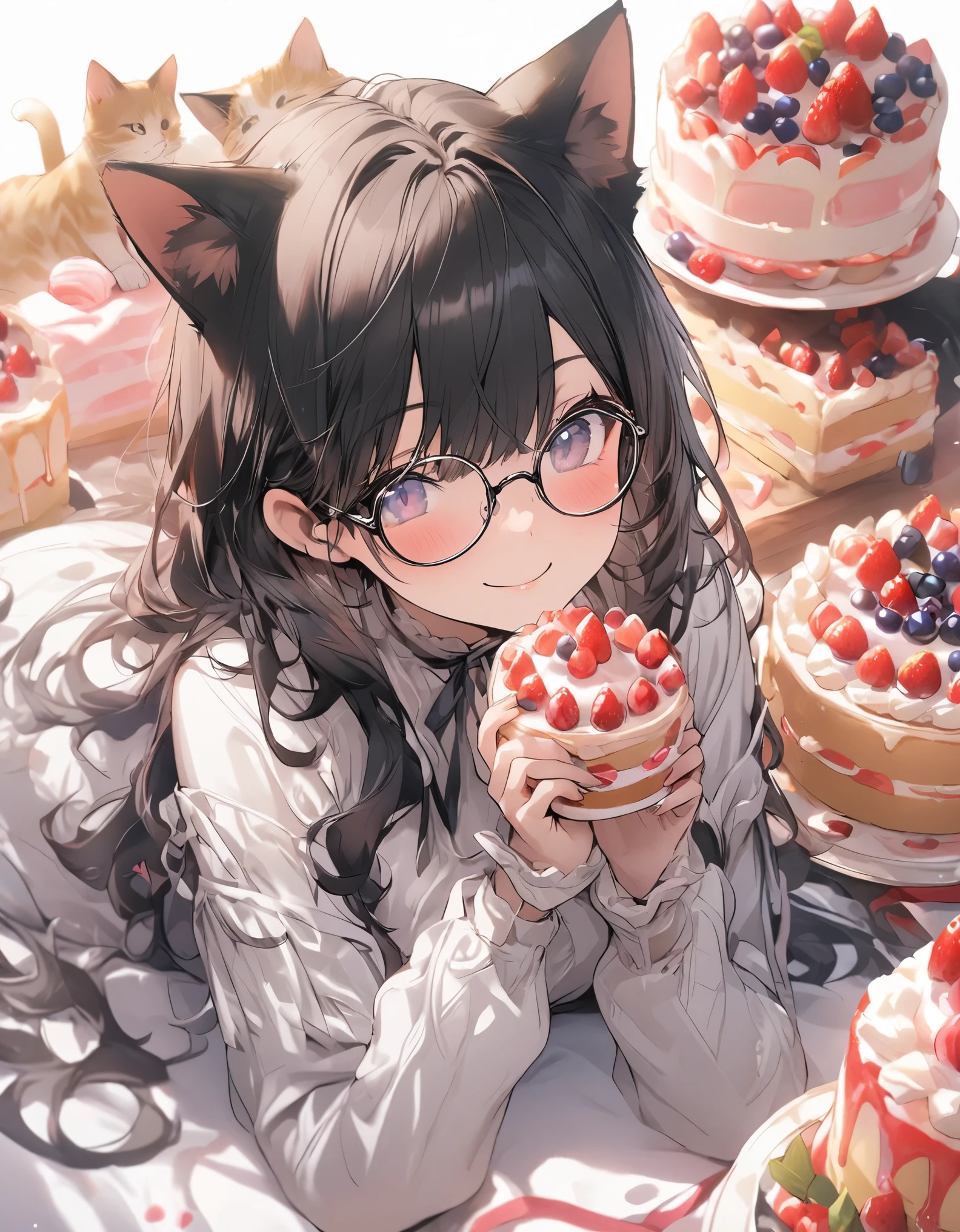 masterpiece、girl、Black Hair、Long Hair、((Cat ear))、smile、wearing glasses,(((Big Cake)))、Focus on the face,sweets background