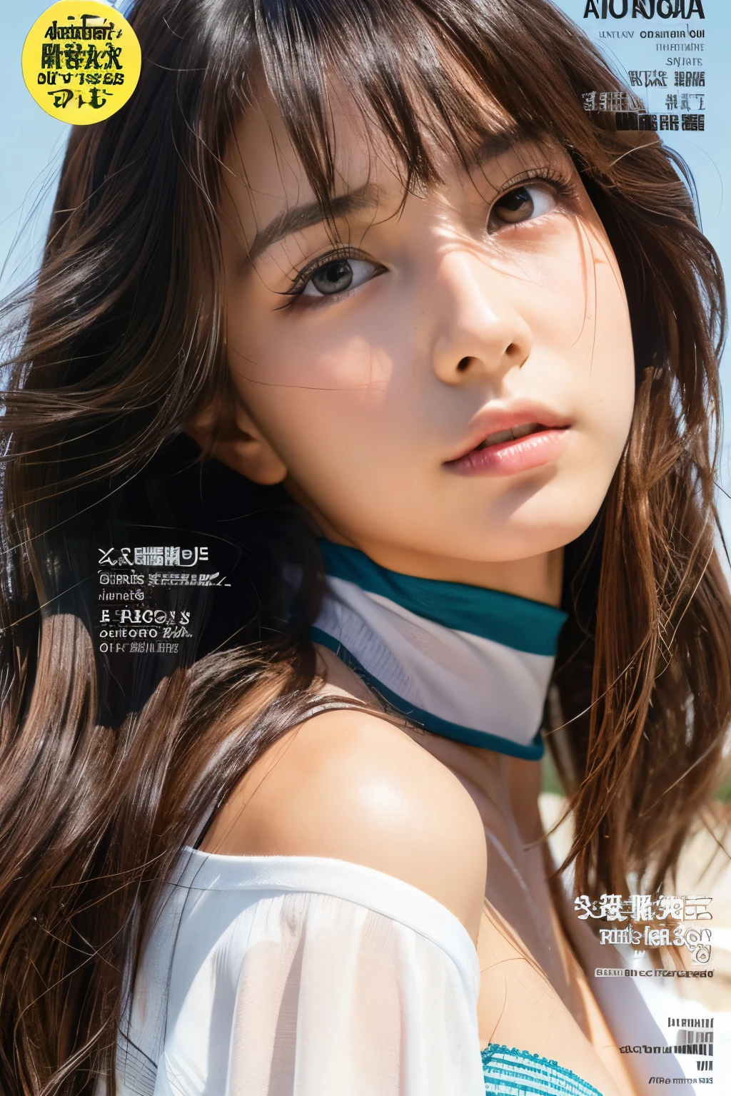 Analog Style, RAWphotograph, photograph, Hyperrealistic, amateur photo shot , Aesthetic artwork, ((Magazine Cover、Large text)),  Detailed skin, detailed natural raw light, Very detailedな, Cinematic, highest quality, Super detailed, Very detailed, grain, noise, Heading, stylish, font, Memorable、A boyish and healthy beautiful girl,((Flowing sweat)) Beautiful Eyes, Realistic eyes, Beautiful details in the eyes, (Realistic Skin),Japanese Idols、Leather bondage suit