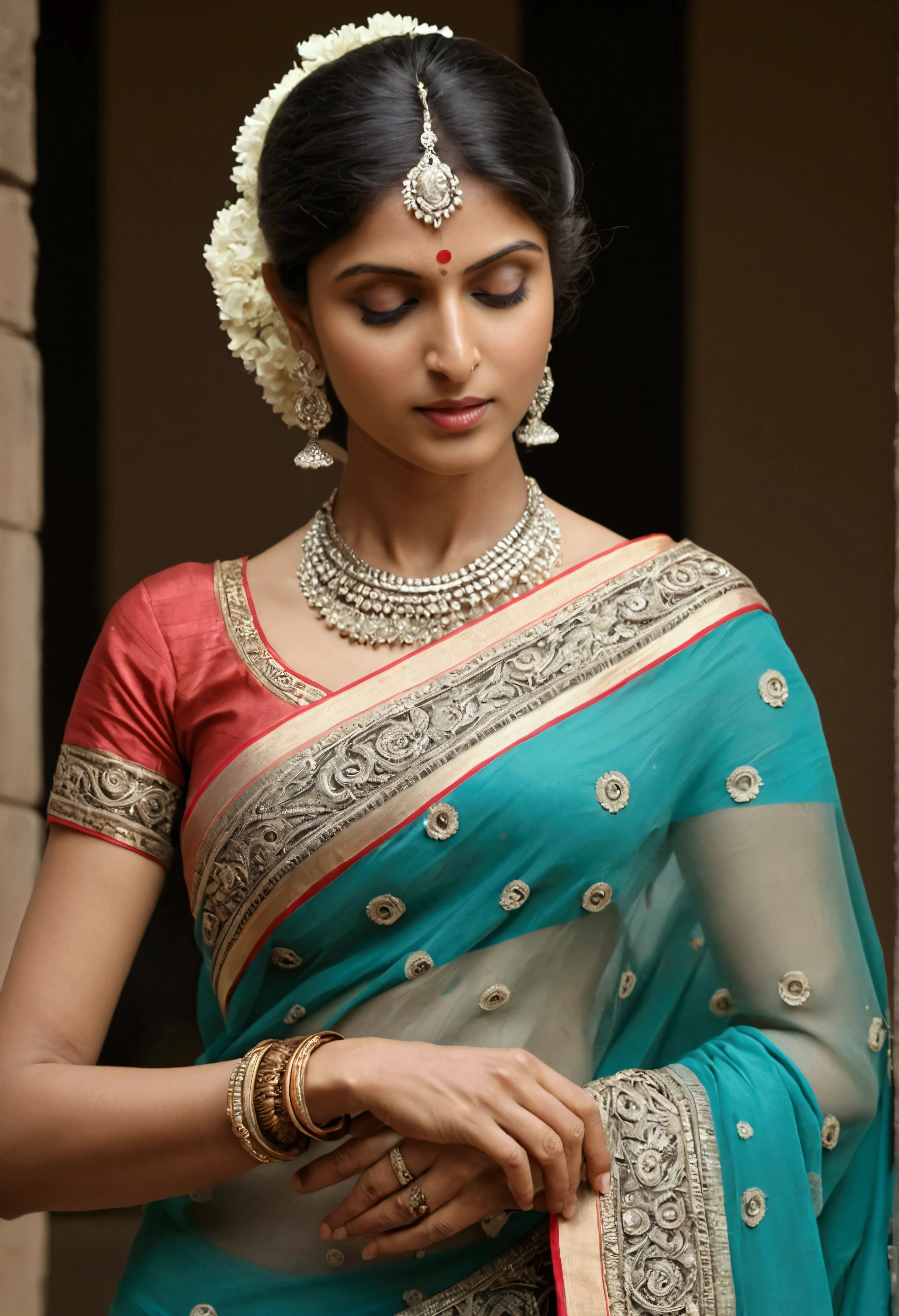((best quality)), ((masterpiece)), (detailed), Beautiful indian woman, thin saree,