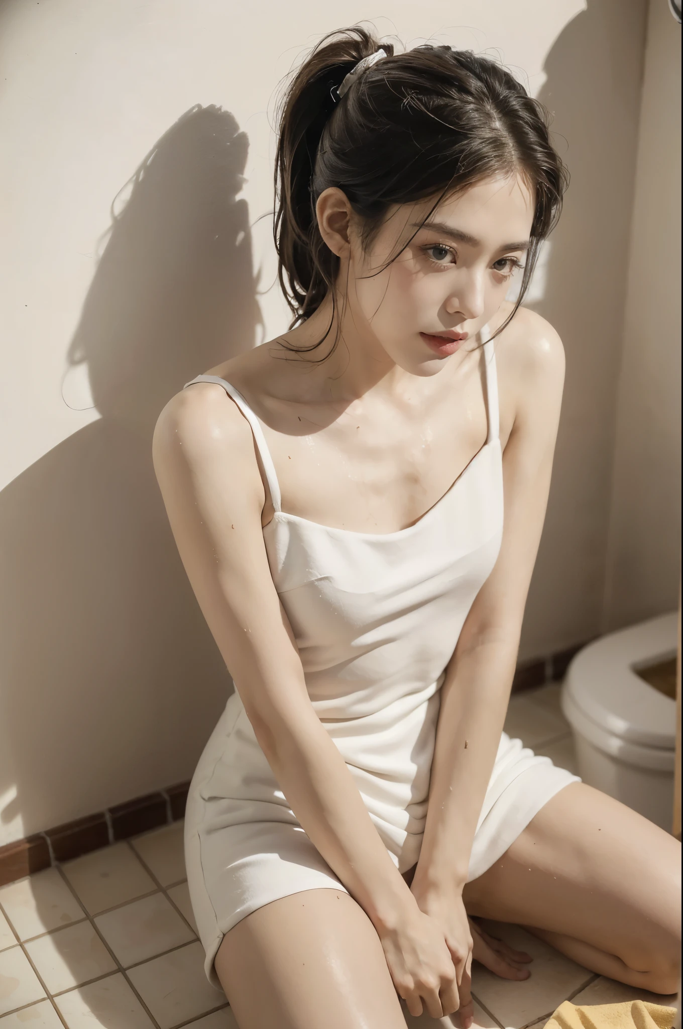 (((best quality))),(((ultra detailed))),(((masterpiece))),illustration,((1 beautiful girl,solo)),(sitting on the flush toilet:1.3),(arms behind back:1.3),(spread legs apart:1.3),((contorted pain embarrassment face)),(plain white dress:1.3),((slim,thin)),(short ponytail:1.2),((small breasts,flat chest)),(fair smooth skin:1.3),(large almond-shaped eyes:1.2),(discomfort),(in the narrow and enclosed toilet compartment:1.3),((dimly lit,cramped)),(filthy White ceramic tile floor:1.2),(dirt dust White ceramic tile wall:1.2),((stained)),(trash:1.3),(various colors fluids spilled:1.2),((stench urine,feces thick)),hard breathe,dim lighting,eerie shadows,agony eyes,(((sweat,wet))),maintain composure,unblemished smooth skin,delicate features,dirty surroundings,innocence,vulnerability,jarring sight,confines tiny disgusting room,((from front,upper body))