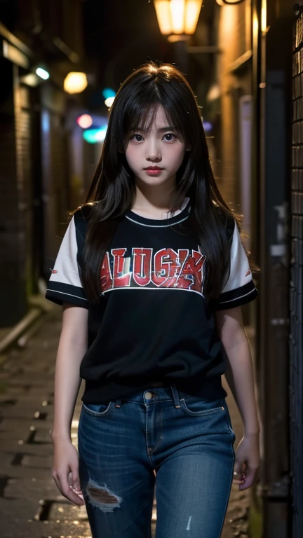 (((11 year old girl))), (standing in dark alley downtown)), (midnight), alone, Japanese, medium hair, straight face, no smile, angry expression, poor clothes - old stadium jumper and crushed damaged jeans, looks like a prostitute, alleyway in old European city, streetlight illuminates girl's face in darkness, film scene, high resolution, very detailed, raw, masterpiece, best resolution, 8K wallpaper, high resolution, very detailed, best resolution, best resolution, 8K wallpaper girl's face in the dark, movie scene, high resolution, highly detailed, fine detail, masterpiece, top quality, awards, highest resolution, photorealistic, raw photo, 8K wallpaper