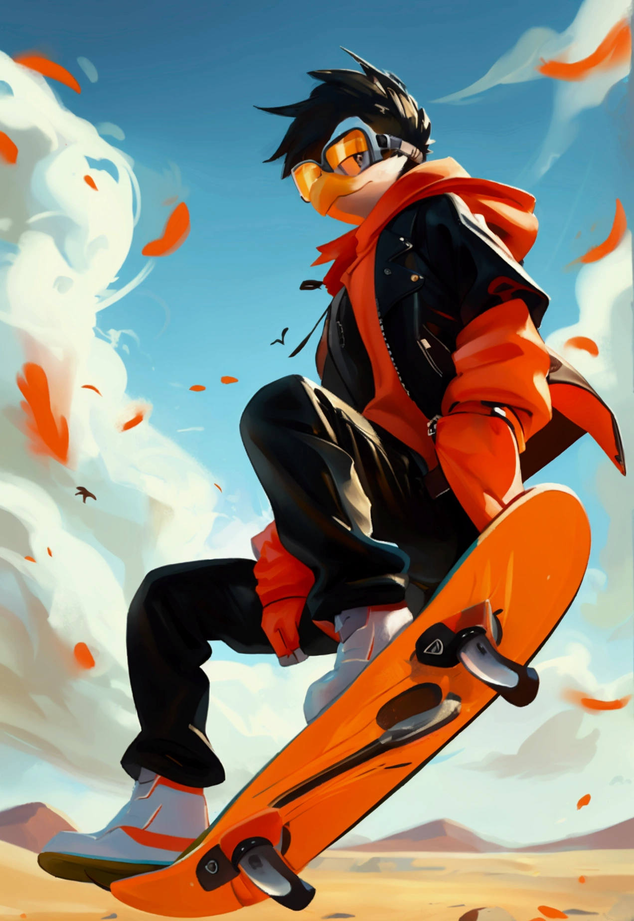 score_9,  score_8_up, 1boy, solo, outdoors, orange feathers, goggles, black sneakers, leather coat, black pants, (riding hover board), riding through desert, low stance, smirk, bird, slim