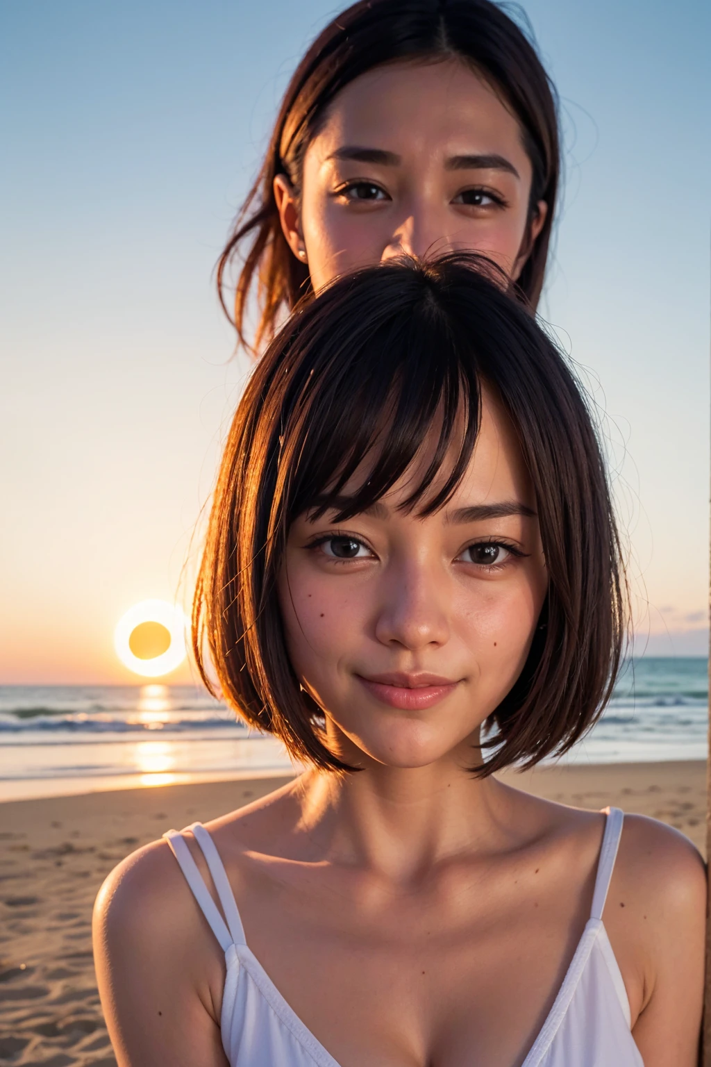 Top quality, 1 beautiful woman, super short hair, Gold hair, shy smile, sunset, at beach