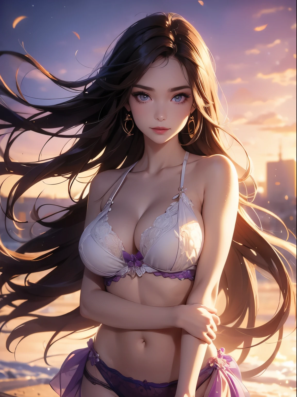 ((masterpiece)),((best quality)),((high detail)),((realistic,)), 1 shy girl, shy expression, elegant makeup, long brown hair, seductive eyes, bright lips, sexy pose, (beautiful detailed face: 1.0), smiling, feminine approach, tank top, tight top, white top, sensual cleavage, big breasts, pointed breasts, (perfect body), prominent nipples, bare abdomen, wind blowing, purple panties, standing and watching the sky, sunset in the city, tight clothes,