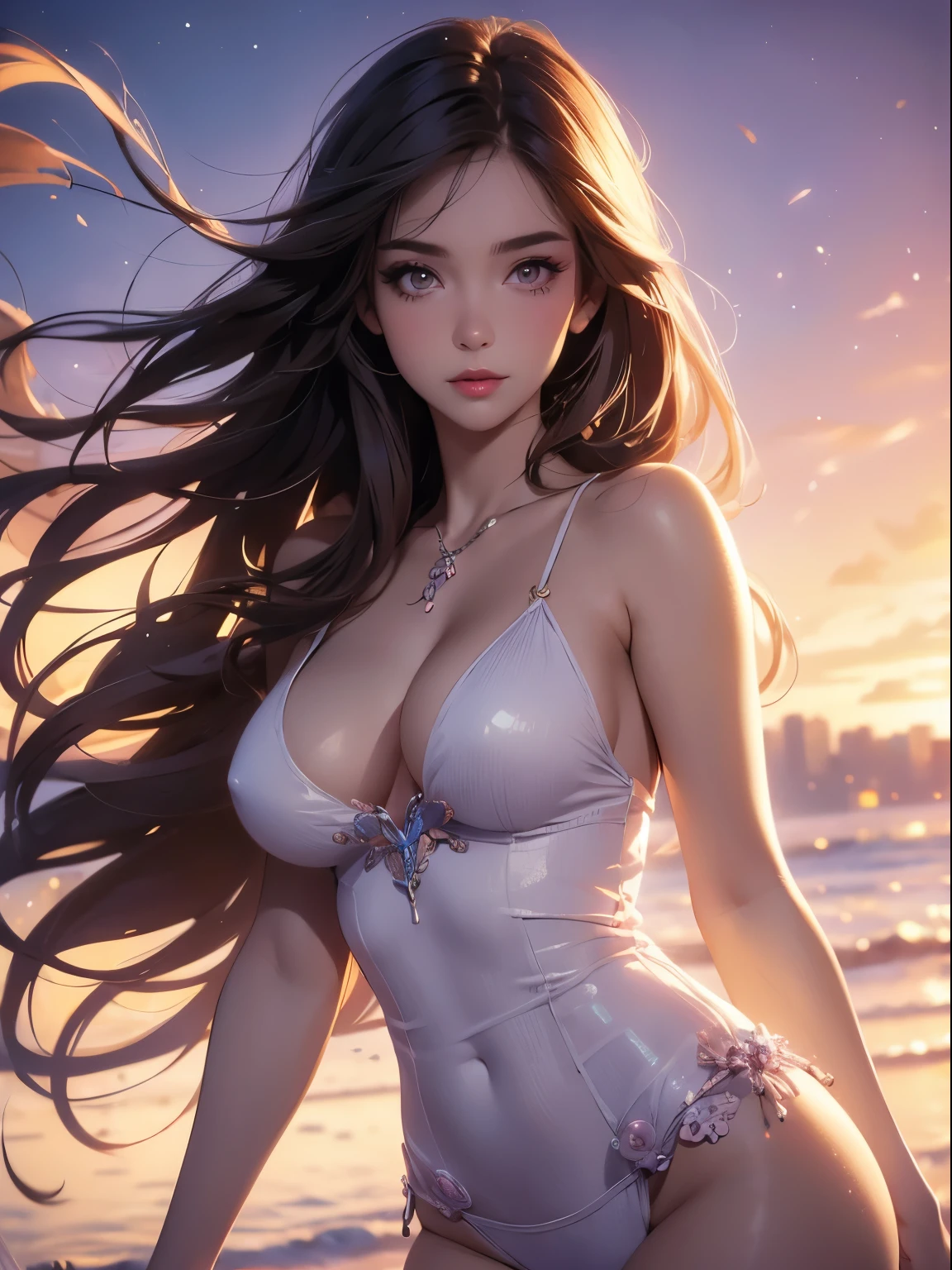 ((masterpiece)),((best quality)),((high detail)),((realistic,)), 1 shy girl, shy expression, elegant makeup, long brown hair, seductive eyes, bright lips, sexy pose, (beautiful detailed face: 1.0), smiling, feminine approach, tank top, tight top, white top, sensual cleavage, big breasts, pointed breasts, (perfect body), prominent nipples, bare abdomen, wind blowing, purple panties, standing and watching the sky, sunset in the city, tight clothes,