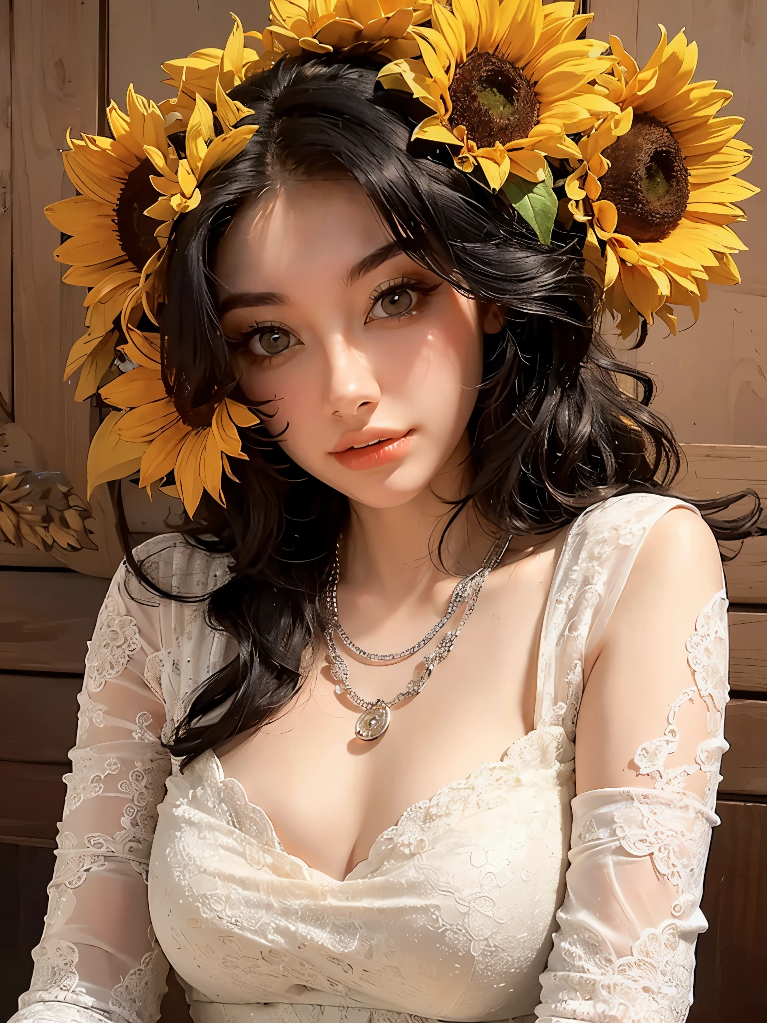 ( Absurdly , High quality , ultra detailed ) ,( hand detailed ) , 1girl, solo, mature, very long hair, sunflower hair , beautiful crystal eyes ( eye detailed ) Baroque, Necklace, long dress, long sleeve, elegant, colorful, highest detailed, upper body , with the river and sunflowers