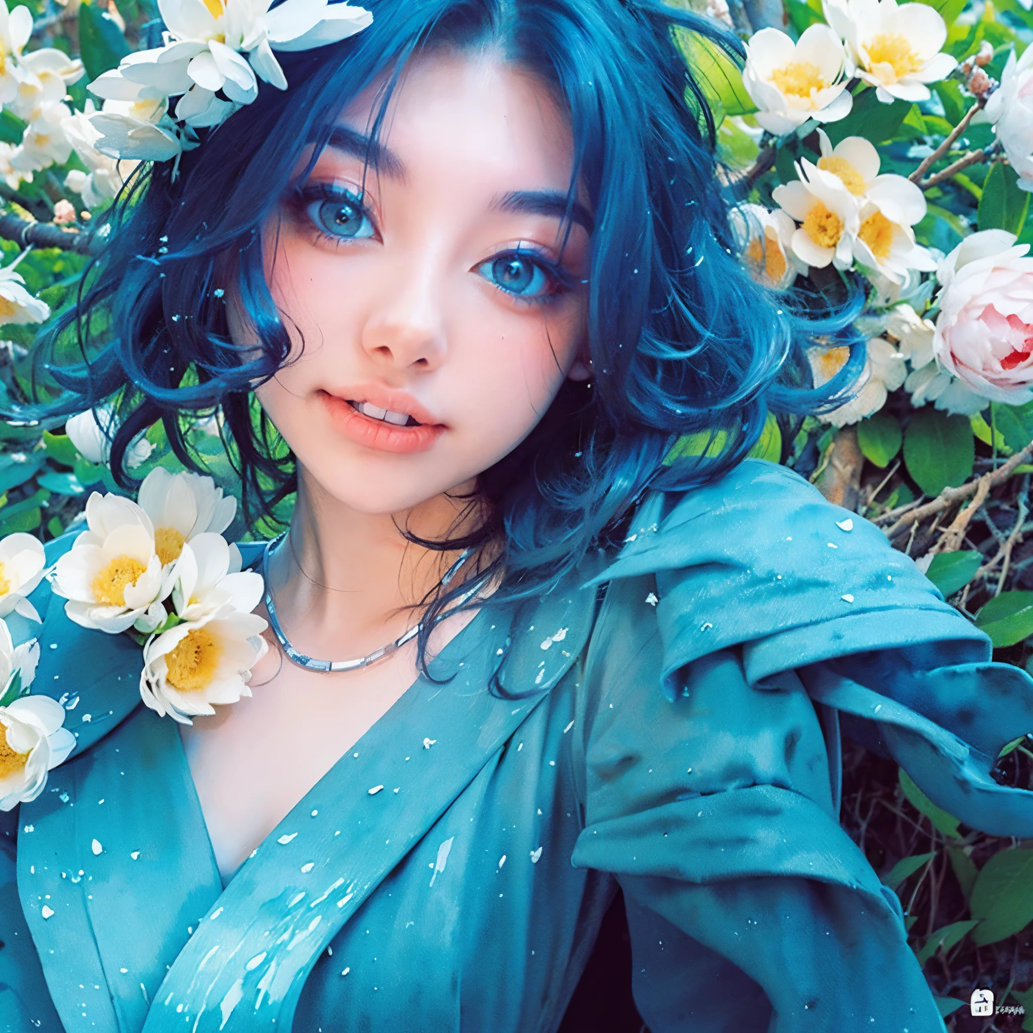 (best quality),(masterpiece:1.2), (colorful:0.9), (ink splashing),(color splashing),((watercolor)), clear sharp focus, model shot,, (portrait goddess of spring:1.5), cute expression,elegant blue colored hair, beautyfull detailed face and eyes, elegant goddess clothing, spring forest background,, colorwater  