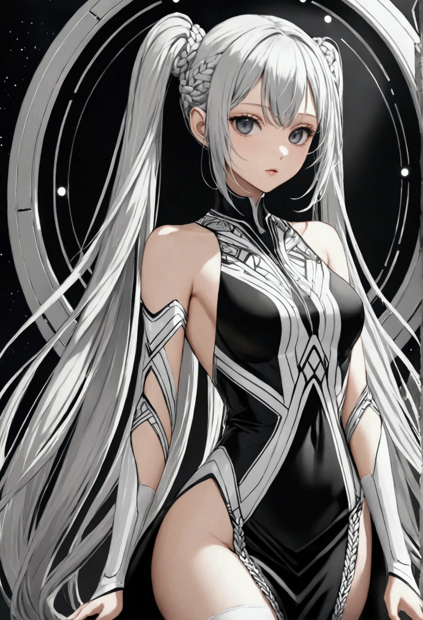 A girl with long silver hair designed into intricate braids and twintail, grey eyes that exude elegance, slender and athletic built, average height,black and white futuristic dress, white thigh highs,detailed eyes, detailed body, 8k highres best quality.