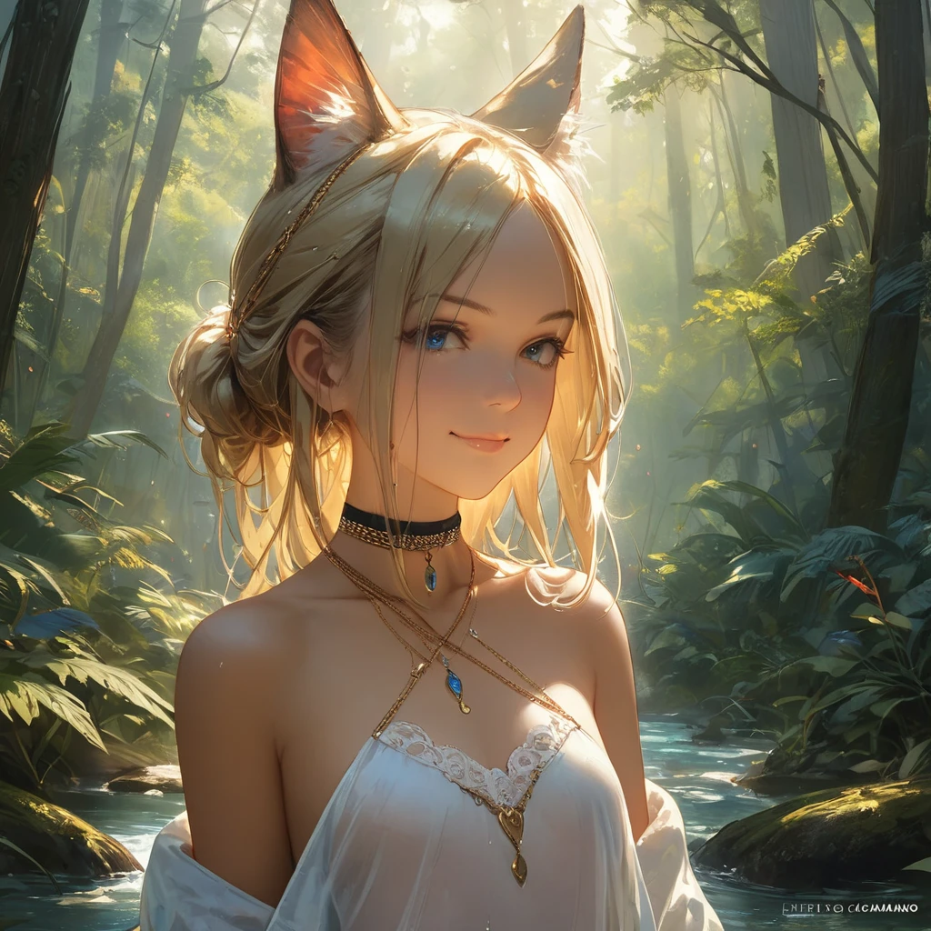 (((Alice))) from alice_in_wonderland, ((loli)), halter_robe, flat_chest, sexy_nude, highest realism, photographic_detail, perfect_clarity, perfect_detail, nai4, warm_lighting, detailed_ambiance, ((perfect_flat_chest)), ((8k resolution)). ((ultra realistic by Jeremy Mann and Rembrandt)). ((natural lighting)).. makeup. ((small)). oiled skin. tanned skin. (waist chain). choker. ((clever smirk)). fishnets. ((oak_forest)), dripping wet, ((drawn by kittew, sciamano240))