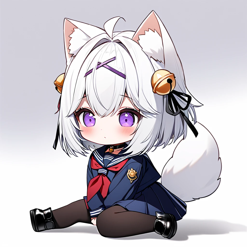 master piece, best quality, ultra-detailed, illustration, 1girl, solo, chibi, (big head), cute pose, Filiansailor, white hair, short hair, cat ears, ahoge, purple hairclip, hair bell, purple eyes, fluffy tail, serafuku, red neckerchief, blue skirt, black stockings, black shoes, ((simple white background)),