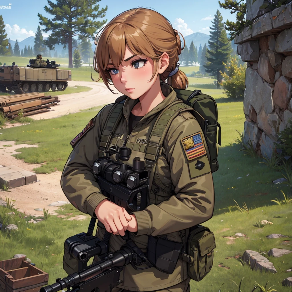 high quality, High Definition, High precision images,8k en High Definition.1 girl.America,modern soldier army,sniper&#39;s rifle,Bridge a helmet,(camouflage) 、small hill,it&#39;s raining,、rifle on your shoulder 、Taking shelter from the rain in an abandoned cabin、a rabbit sitting looking at the camera,
