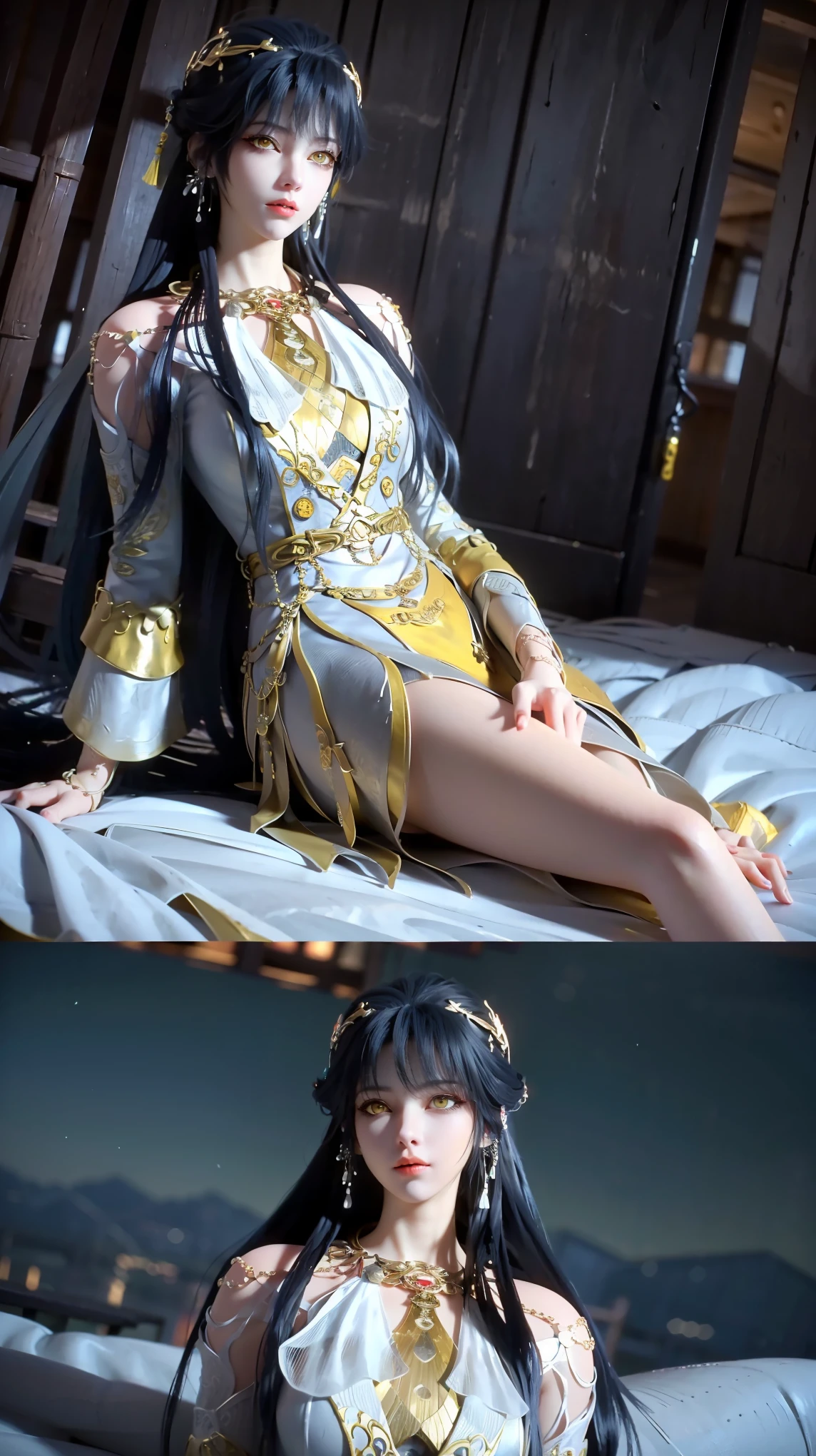 A beautiful young woman,Wearing pajamas,Lying on the bed,barefoot,Wearing a dress,Lie flat on your bed,Cross-legged,Full body shot,(Best picture quality,4K,8k,high-definition,excellent work:1.2),Ultra Detail,Delicate eyes,Delicate lips,Extremely detailed face and eyes,Long eyelashes,Natural light,Warm colors,Soft Focus,Chiaroscuro,Deep scene,(((yellow eyes))), ((long black hair)), delicate features