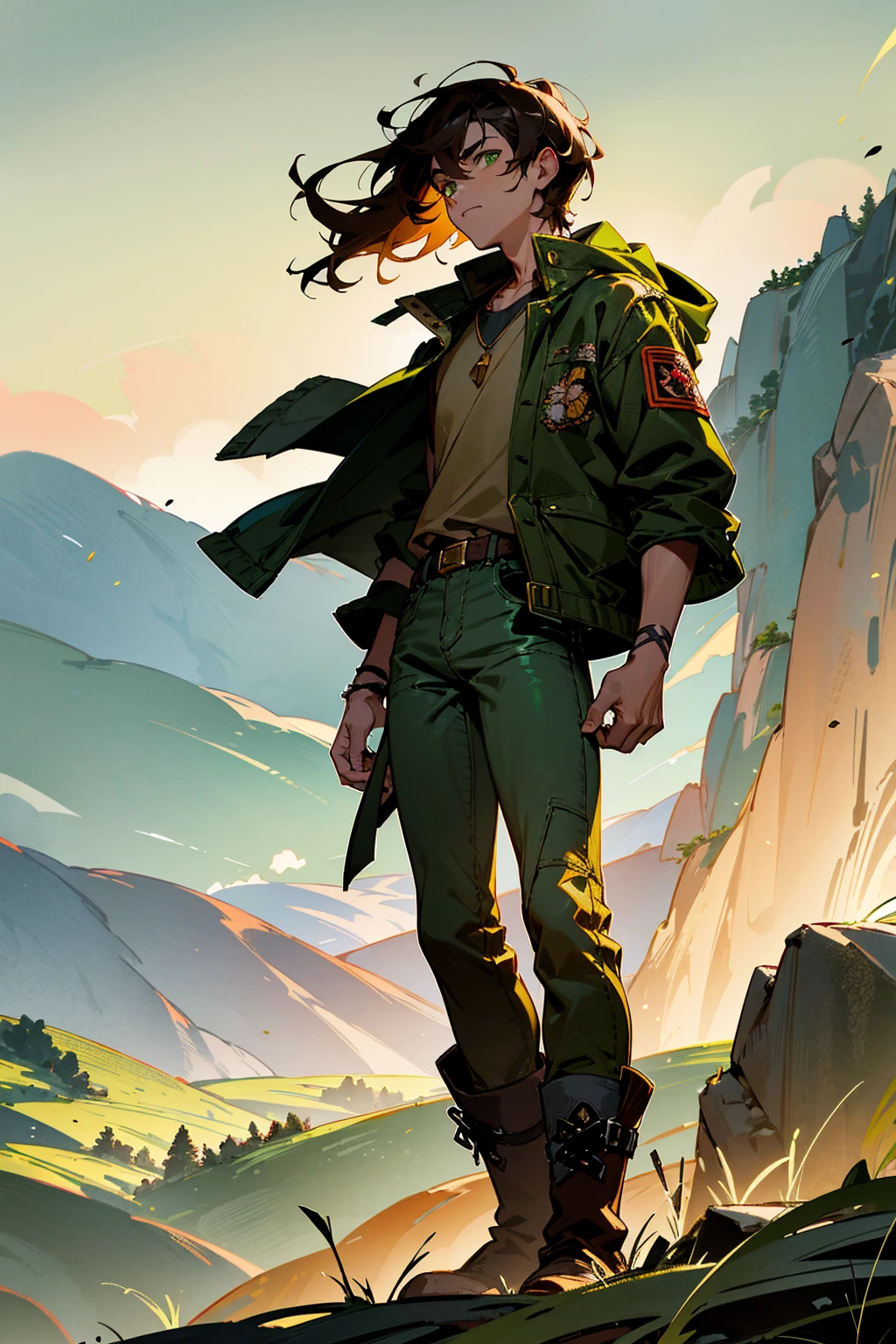 Masterpiece, 8k, a young man with messy brown hair and green eyes, dressed in a rugged olive green jacket with tiger stripe embroidery, dark jeans, and sturdy boots. He stands against a backdrop of a rugged mountain range with dramatic lighting and swirling clouds. Standing on path