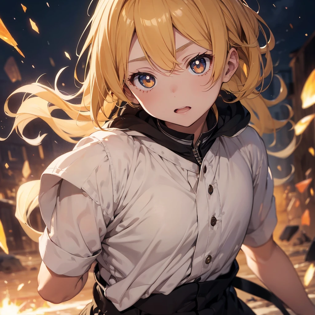 a blonde boy, with honey colored eyes, in an epic scene in which he gives off a white aura