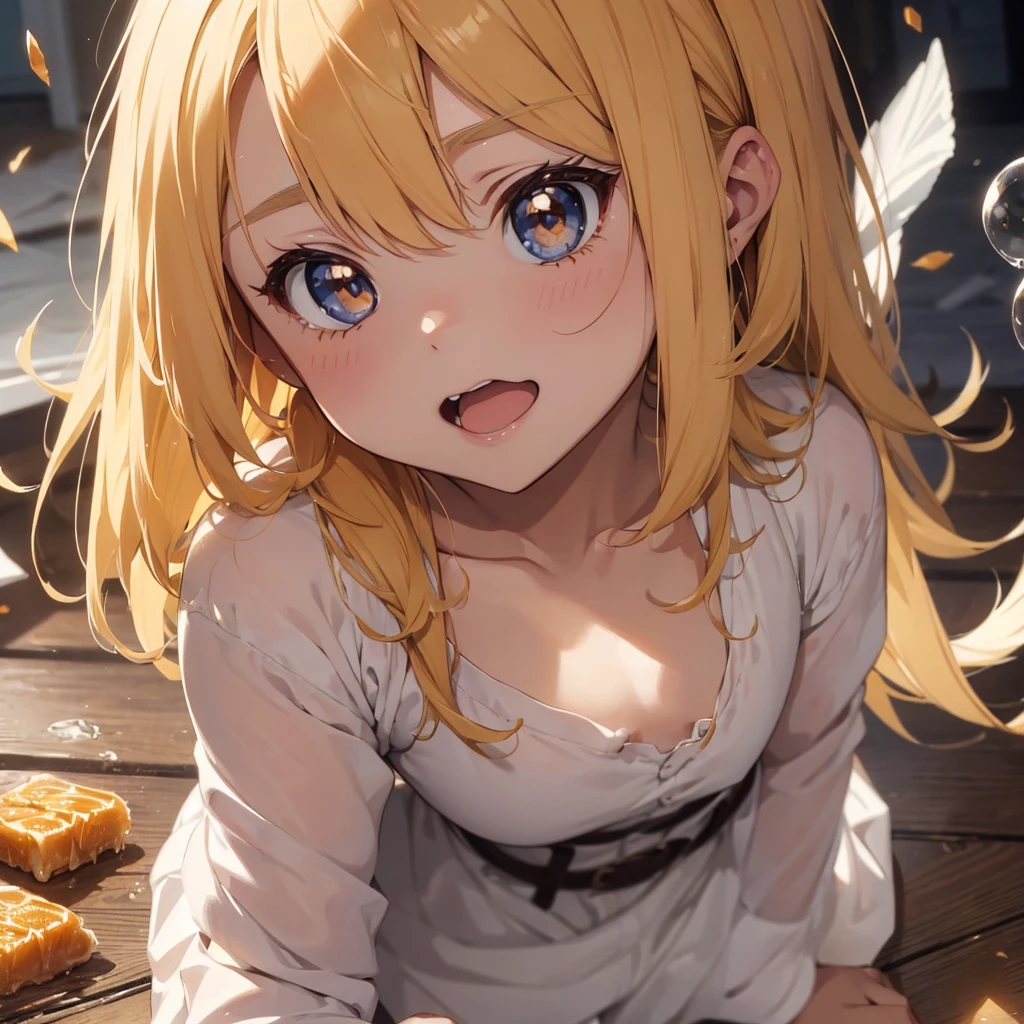 a blonde boy, with honey colored eyes, in an epic scene in which he gives off a white aura