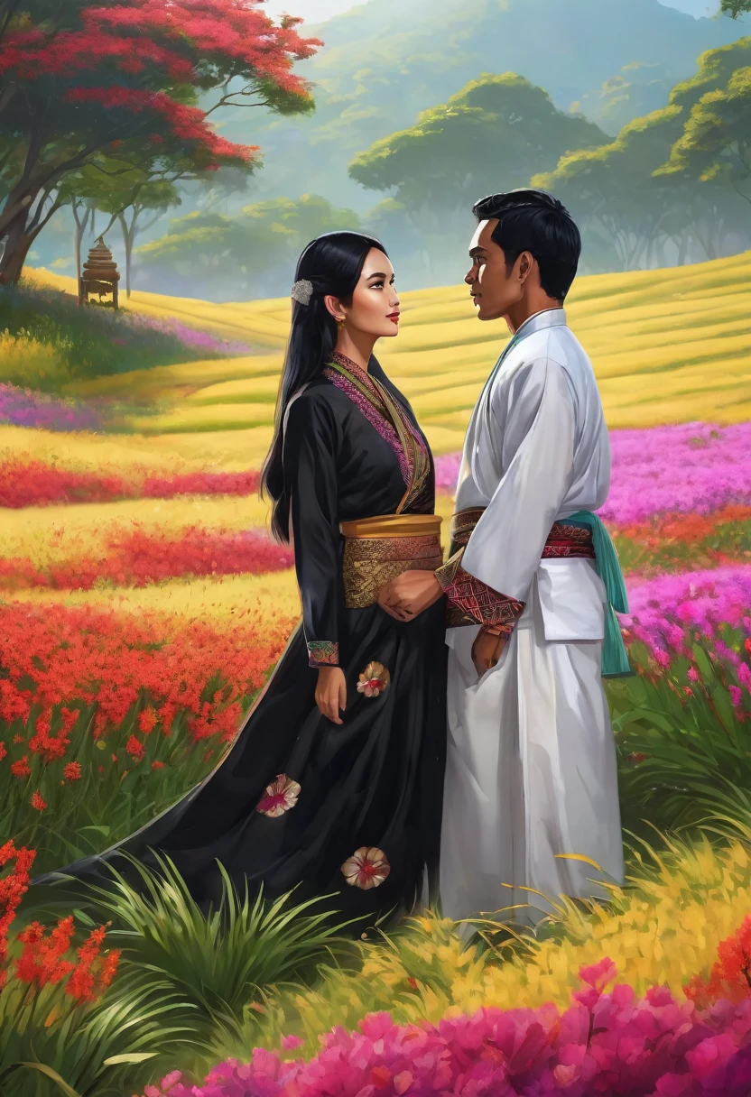 A pair of black-haired lovers looking at each other, women wear traditional Indonesian clothes, men wearing traditional Indonesian clothes, flower field background, realistic style, HD, masterpiece, 24k