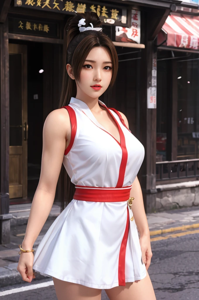 Mai Shiranui, (best quality,ultra-detailed),(Realistic:1.37), beautiful and detailed face, Ultra-realistic texture, delicate face, athletic body, vivid colors. high definition, 8K, wearing red lipstick, rosy cheek.