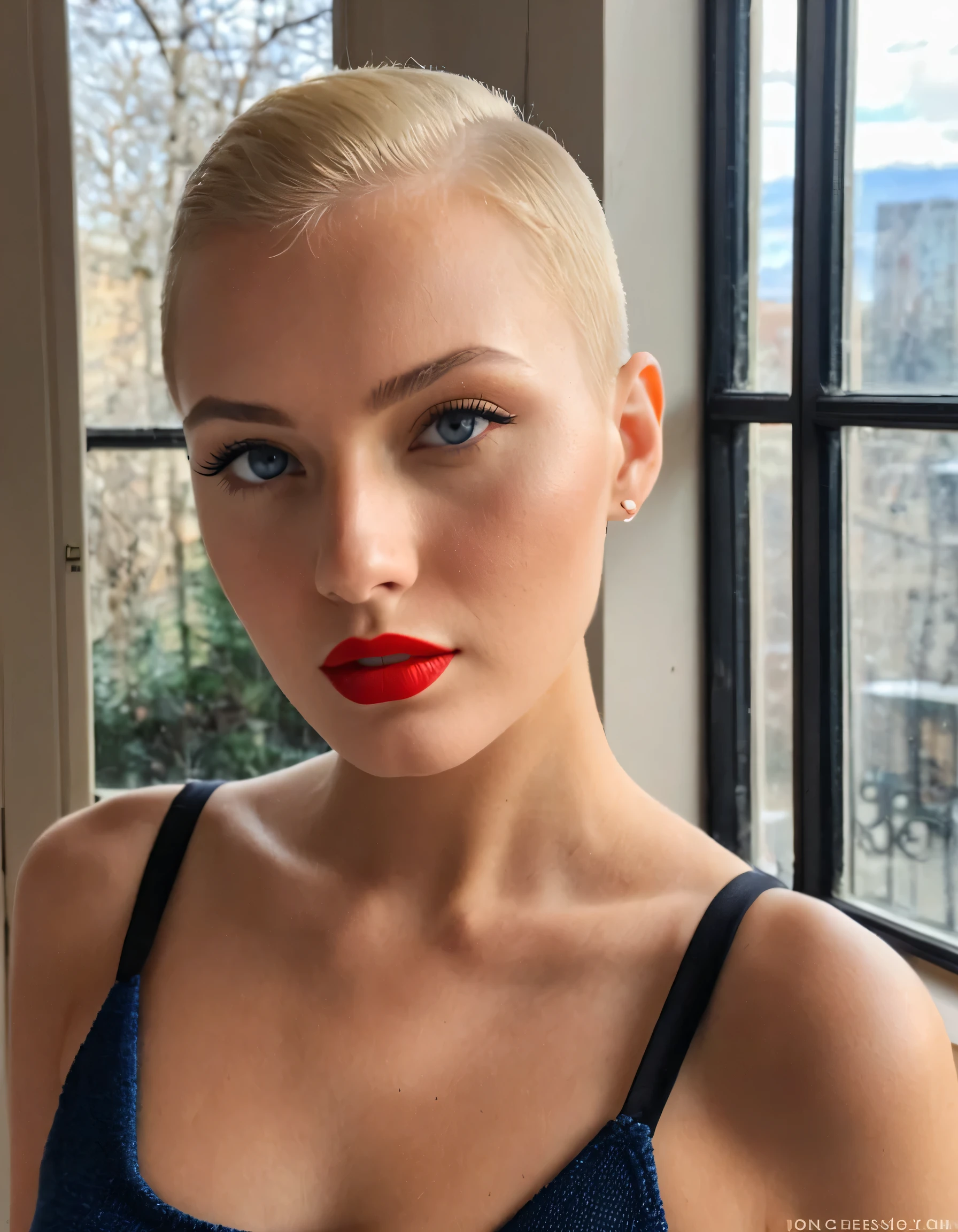 A photo of a (girl with blonde buzz cut hair:1.2), from russia, upper torso shot, she has (blonde eyebrows and eyeline), blue eyes, red lips, fashion model vibe, VOGUE, (natural light streaming through the window:1.1) casting soft shadows on her face, taken with an (iPhone XR:0.8) at 1/60s, f/2.2, ISO 800, candid expression, muted color palette, JPEG format.