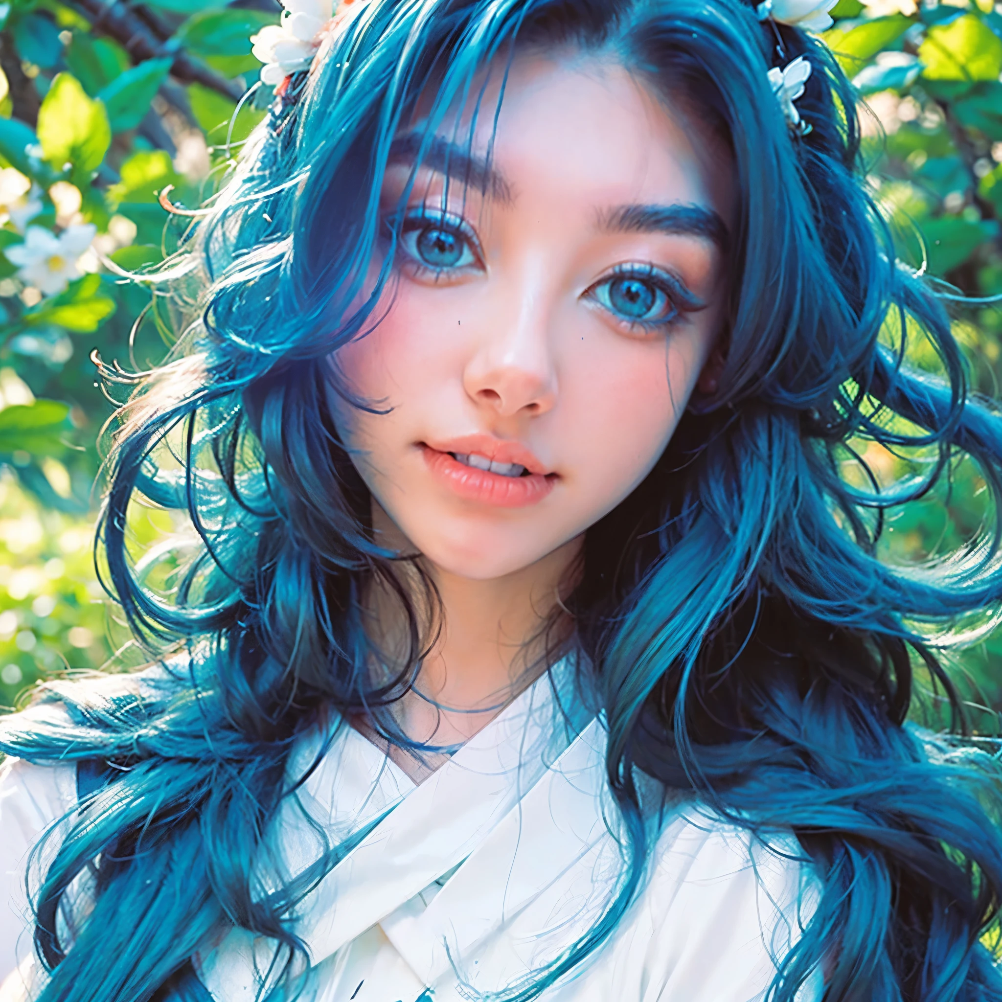 (best quality),(masterpiece:1.2), (colorful:0.9), (ink splashing),(color splashing),((watercolor)), clear sharp focus, model shot,, (portrait goddess of spring:1.5), cute expression,elegant blue colored hair, beautyfull detailed face and eyes, elegant goddess clothing, spring forest background,, colorwater