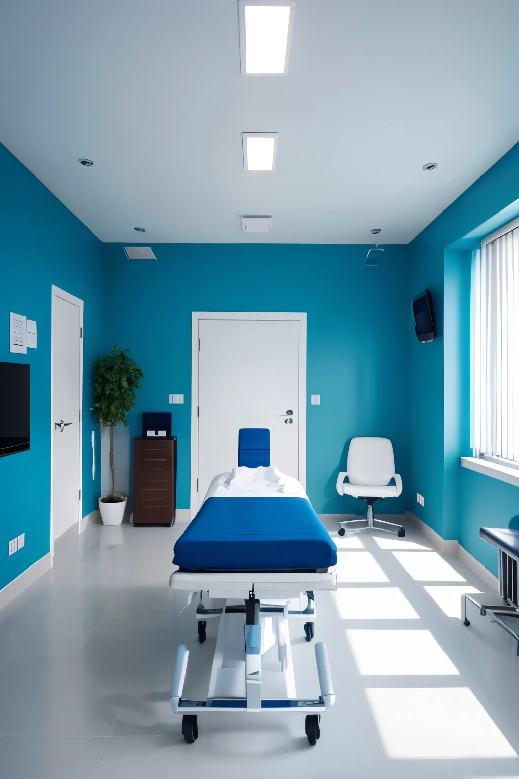 Osteopathic clinic, treatment room, white interior, simple modern, blue in accent color
